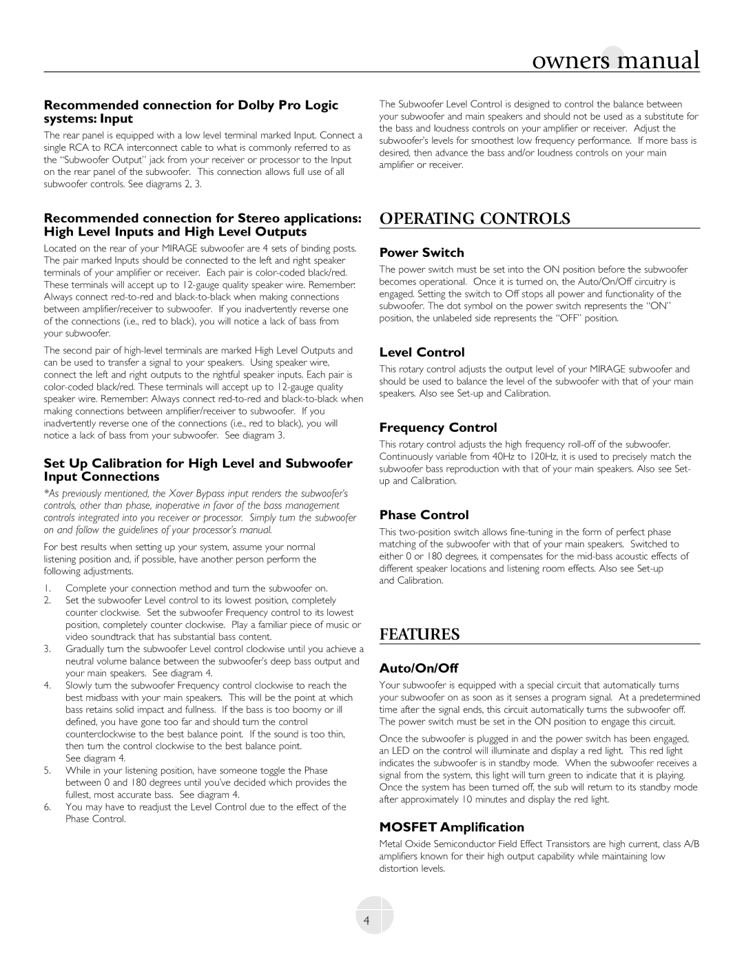 Mirage Loudspeakers LF-100, LF-150 owner manual Operating Controls, Features 