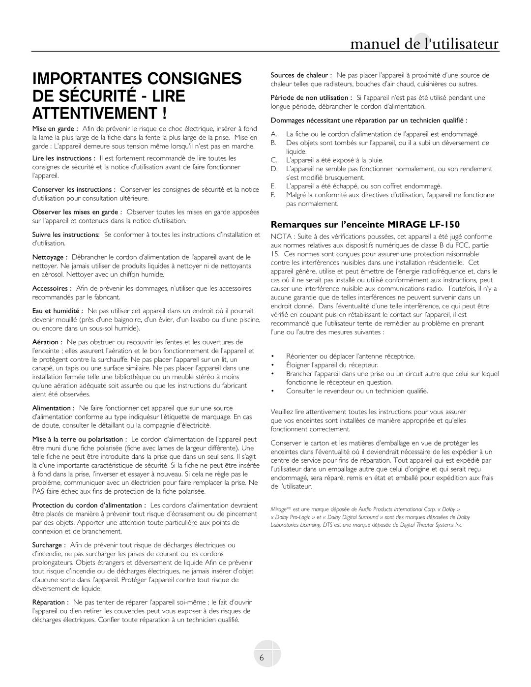 Mirage Loudspeakers LF-100 Importantes Consignes DE Sécurité Lire Attentivement, Remarques sur l’enceinte Mirage LF-150 