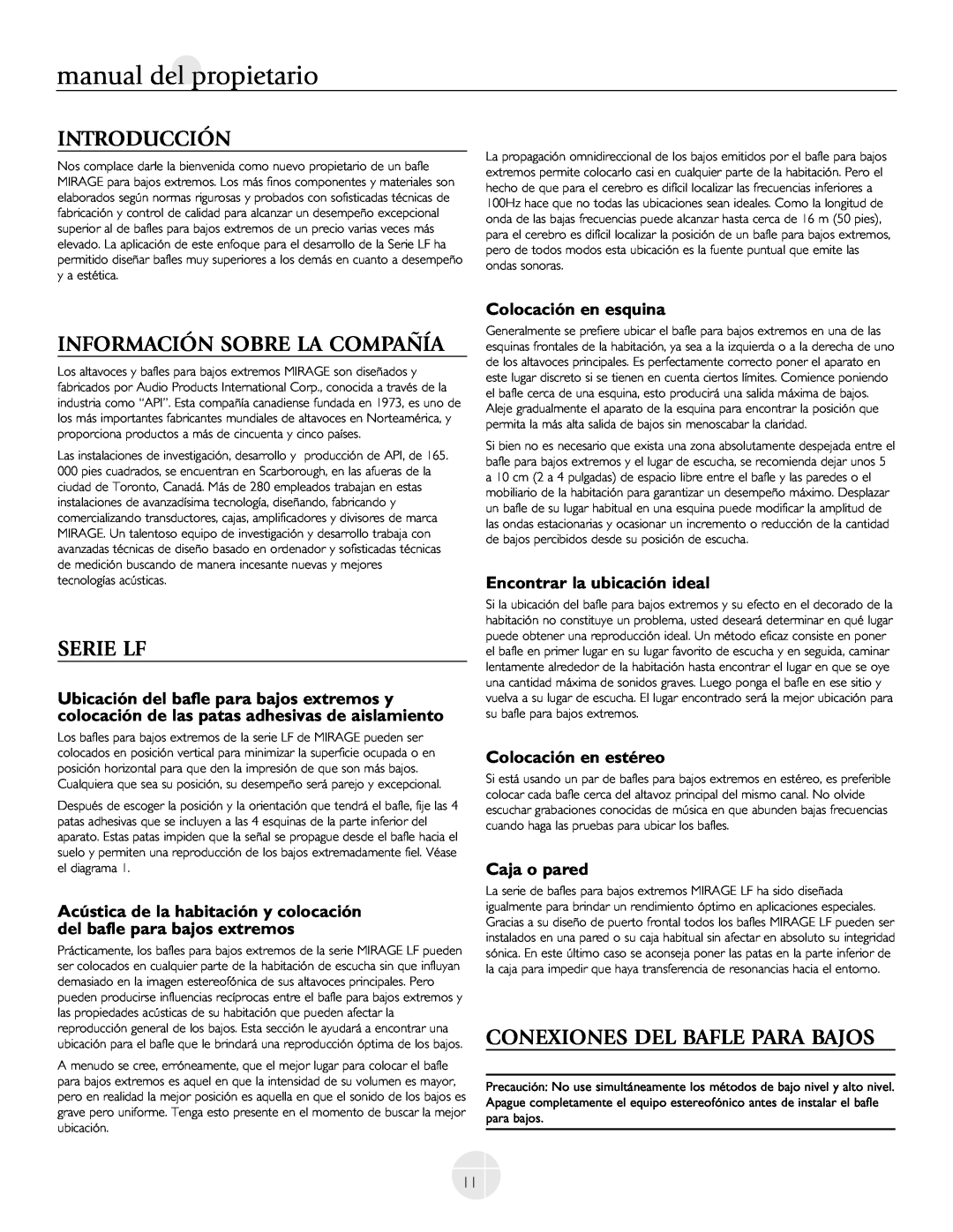 Mirage Loudspeakers LF-150, LF-100 Introducción, Información Sobre La Compañía, Serie Lf, Conexiones Del Bafle Para Bajos 