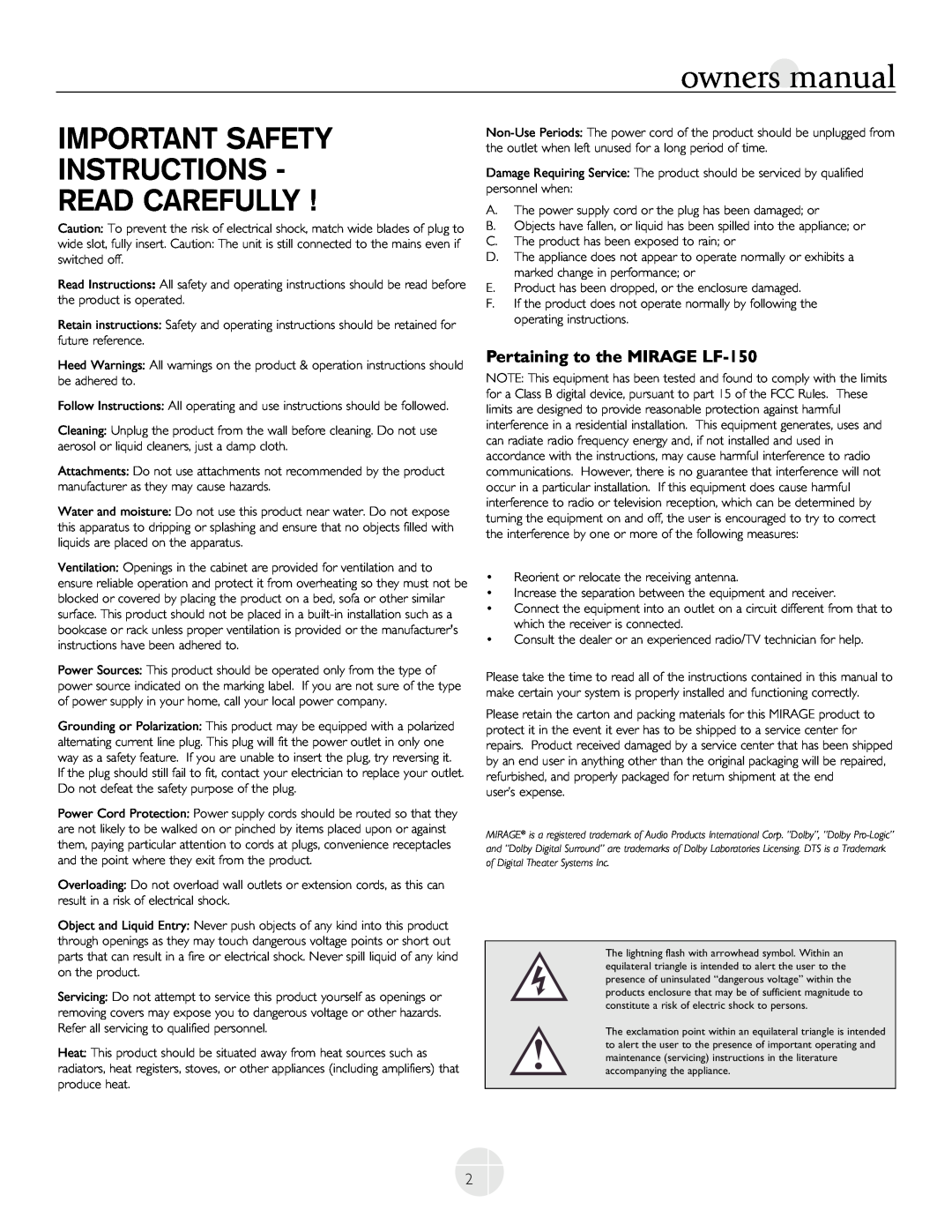 Mirage Loudspeakers LF-100 owner manual Important Safety Instructions Read Carefully, Pertaining to the MIRAGE LF-150 