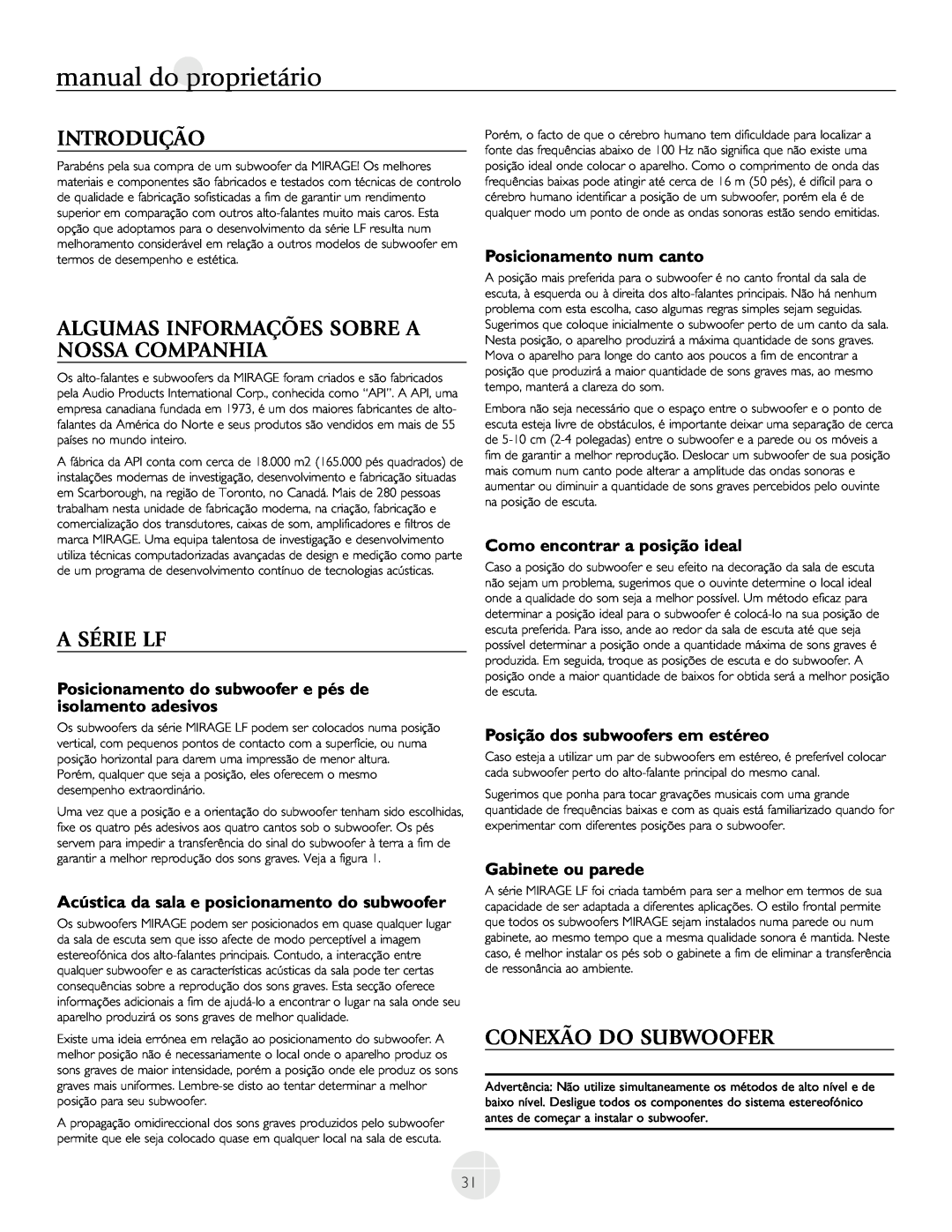 Mirage Loudspeakers LF-150 Introdução, Algumas Informações Sobre A Nossa Companhia, A Série Lf, Conexão Do Subwoofer 