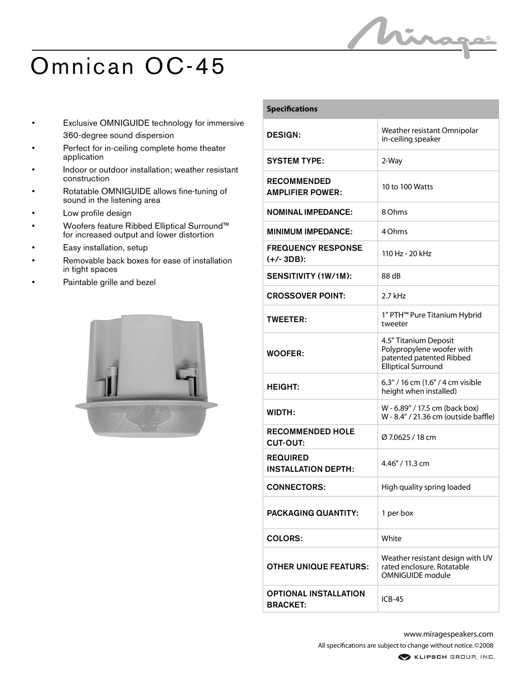 Mirage Loudspeakers OC-45 specifications Omnican OC, Specifications 