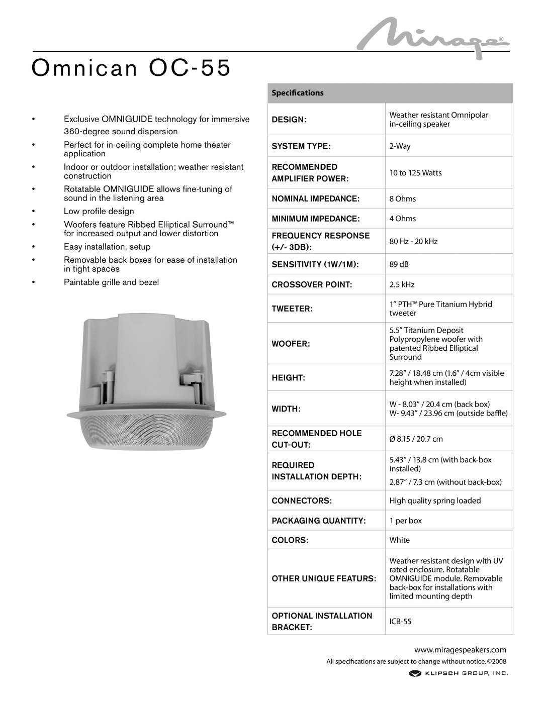 Mirage Loudspeakers OC-55 specifications Omnican OC, Specifications 