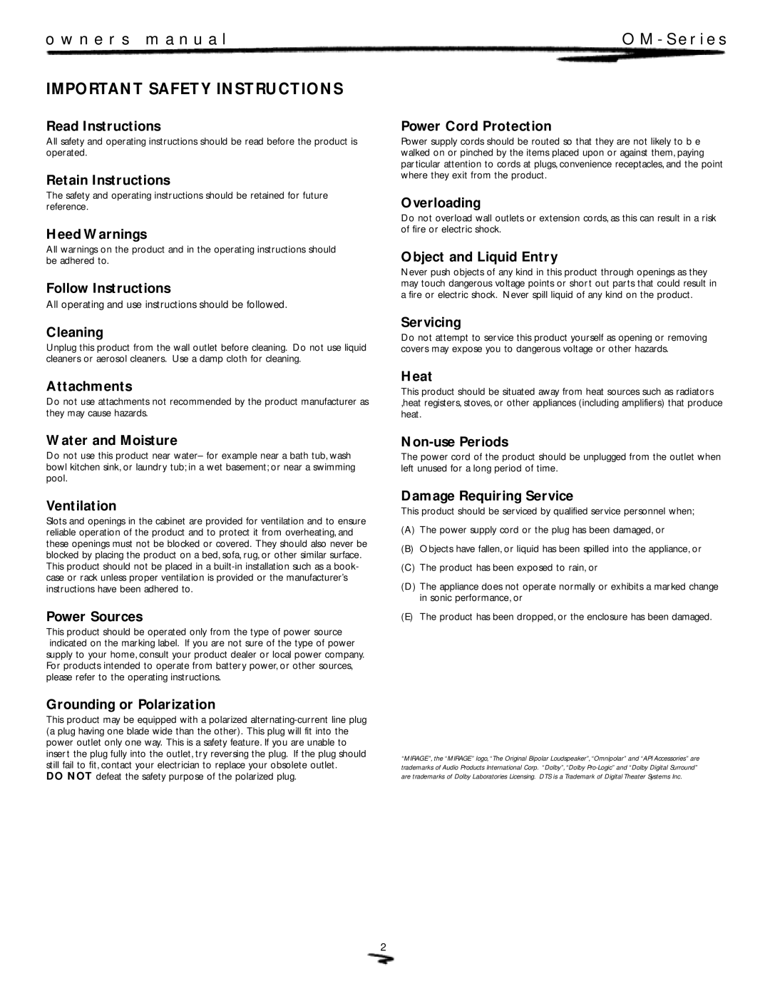 Mirage Loudspeakers OM-10 owner manual N e r s m a n u a l, Important Safety Instructions 