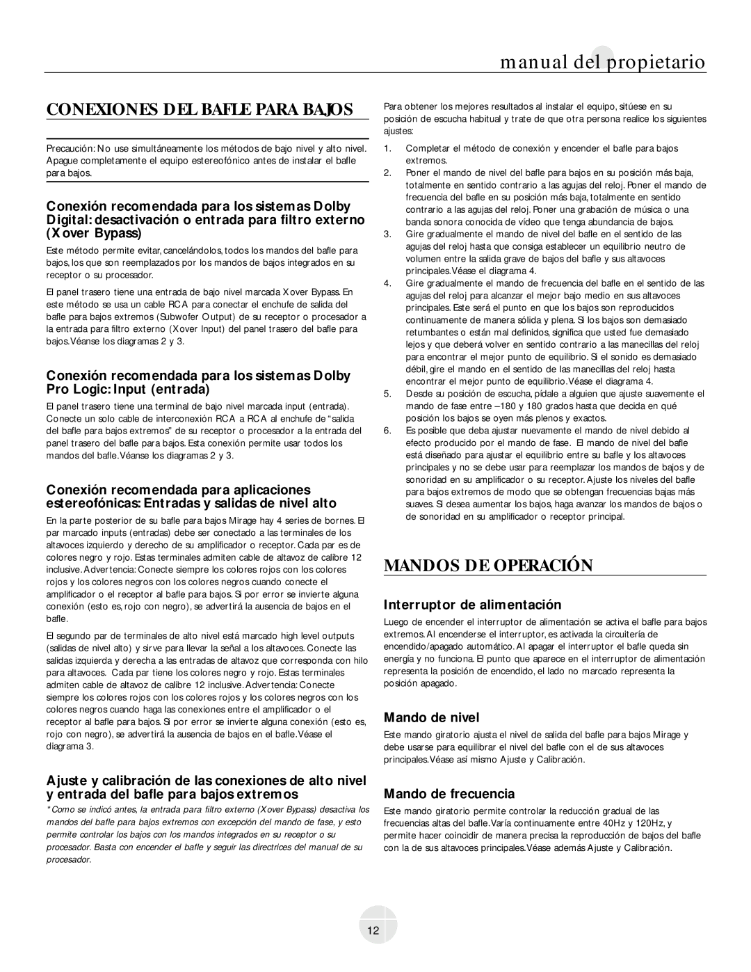 Mirage Loudspeakers OM-200 owner manual Conexiones DEL Bafle Para Bajos, Mandos DE Operación, Interruptor de alimentación 