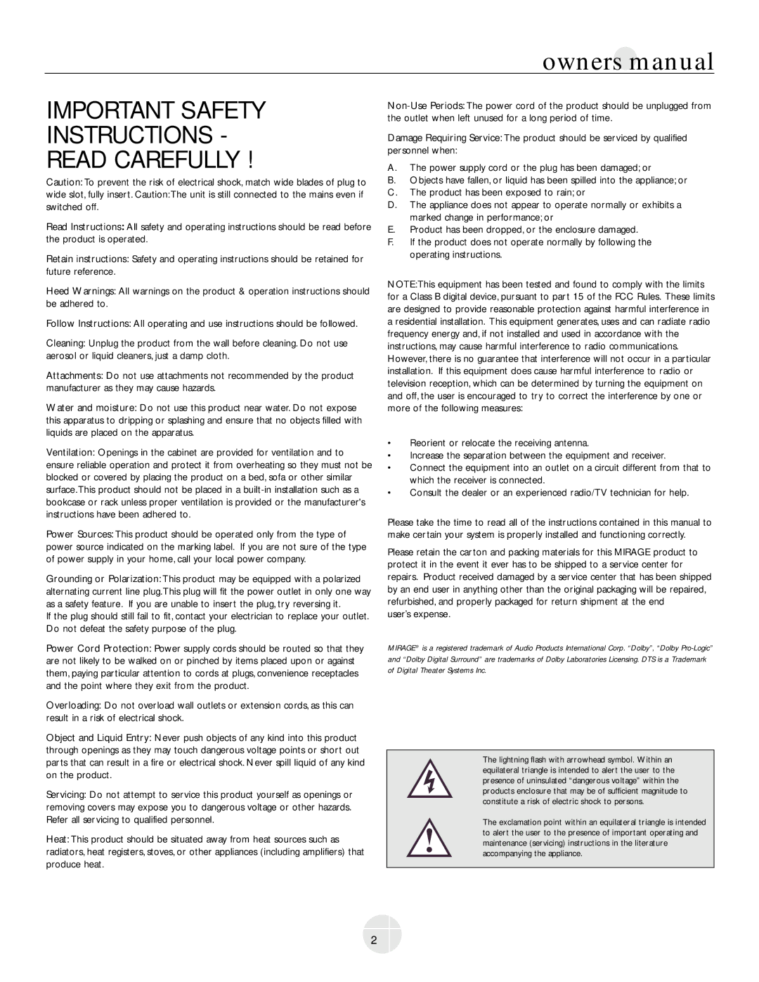 Mirage Loudspeakers OM-200 owner manual Important Safety Instructions Read Carefully 