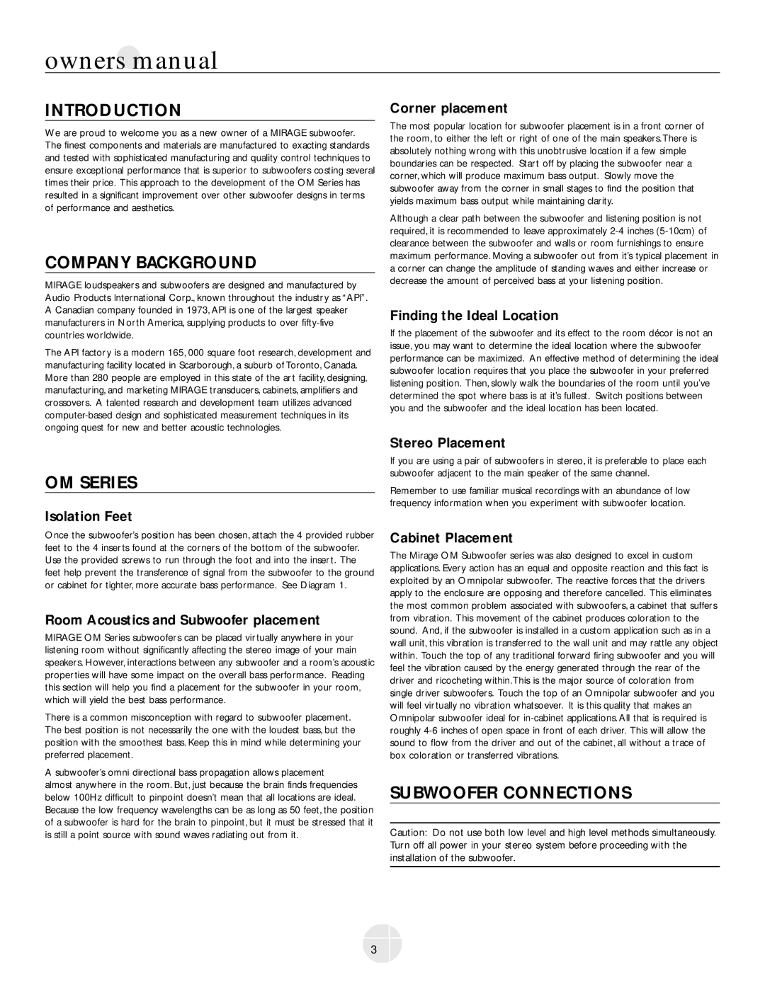 Mirage Loudspeakers OM-200 owner manual Introduction, Company Background, OM Series, Subwoofer Connections 