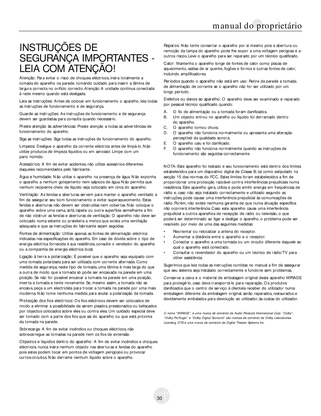 Mirage Loudspeakers OM-200 owner manual Instruções DE Segurança Importantes Leia COM Atenção 