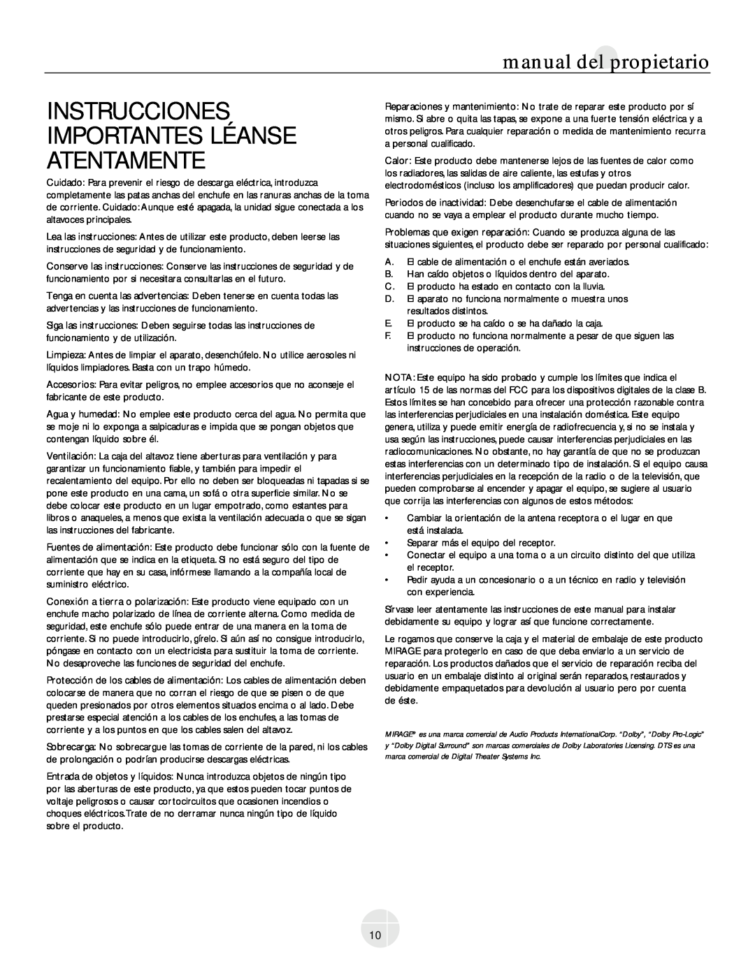 Mirage Loudspeakers OM-200 owner manual Instrucciones Importantes Léanse Atentamente, manual del propietario 