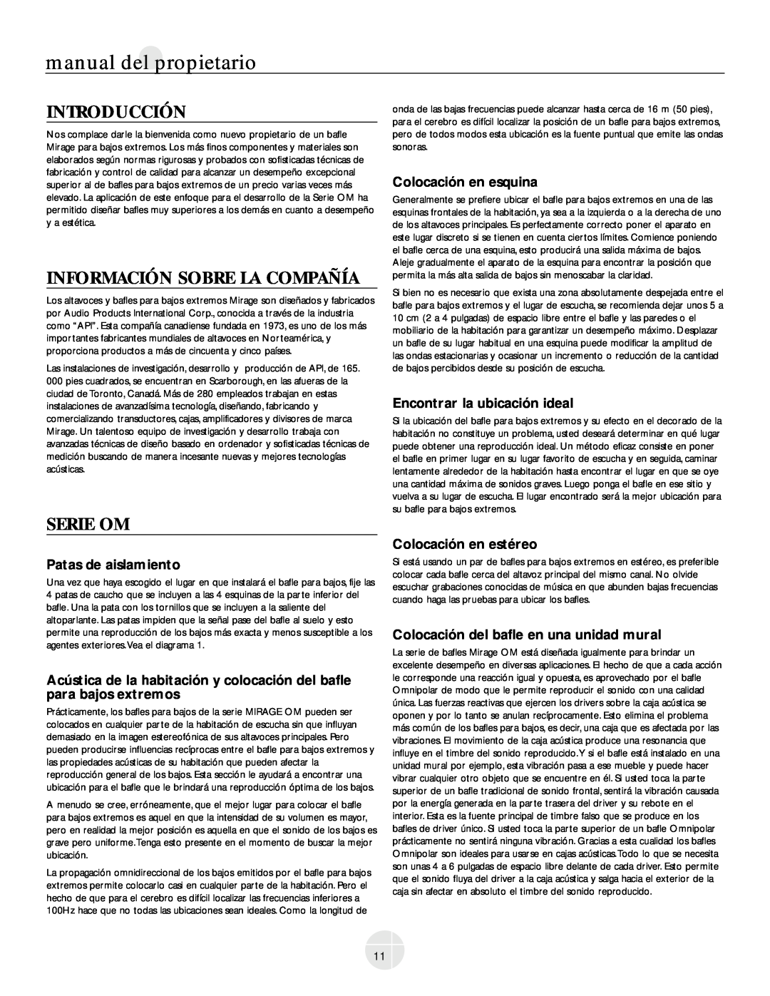 Mirage Loudspeakers OM-200 owner manual Introducción, Información Sobre La Compañía, Serie Om, Patas de aislamiento 