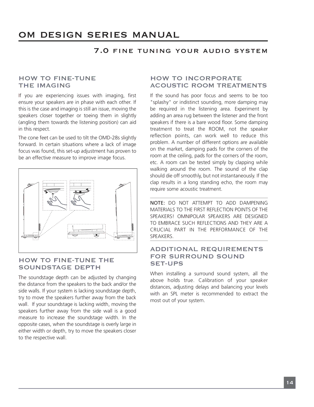 Mirage Loudspeakers OM DESIGN SERIES manual HOW to FINE-TUNE Imaging, HOW to Incorporate Acoustic Room Treatments 