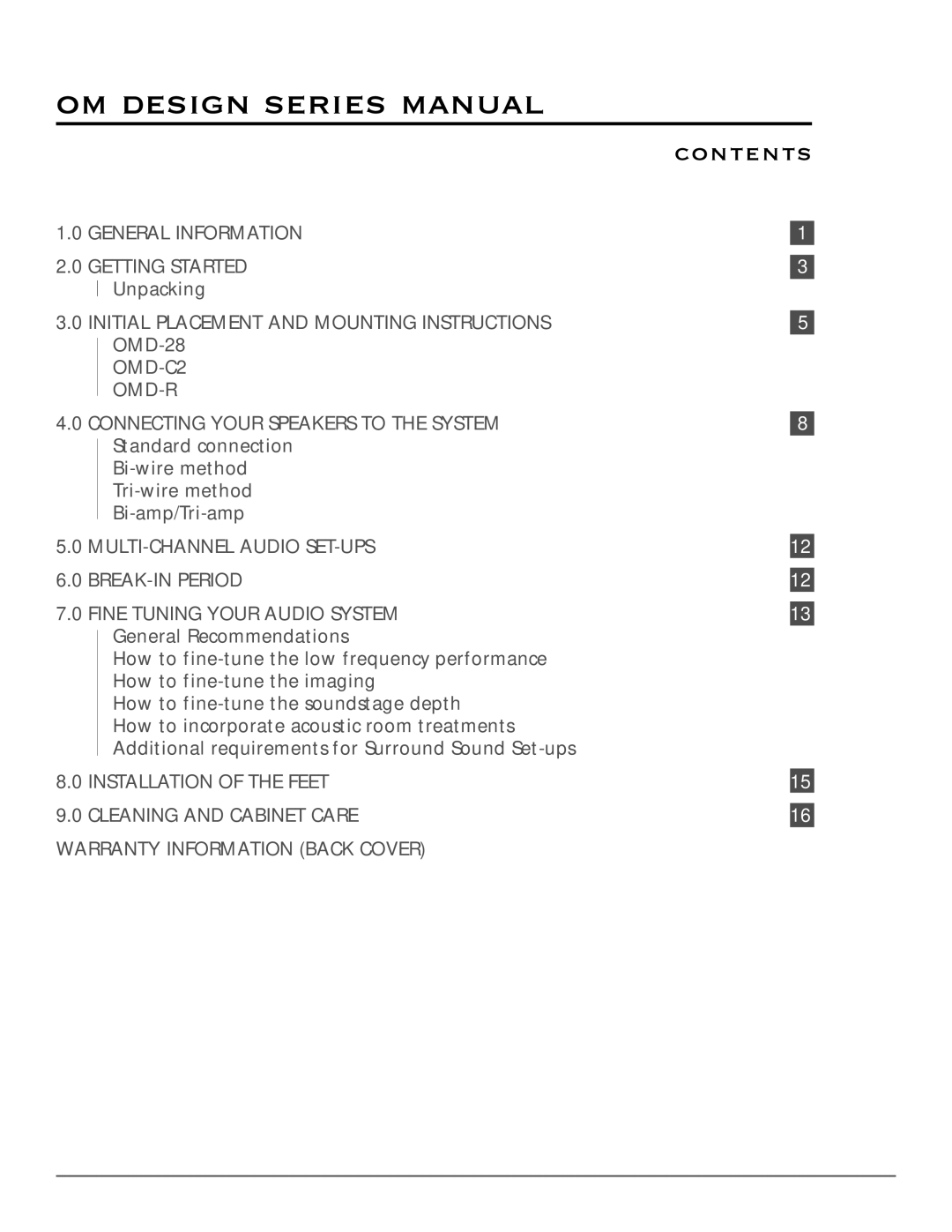 Mirage Loudspeakers OM DESIGN SERIES Om design series manual, Contents 