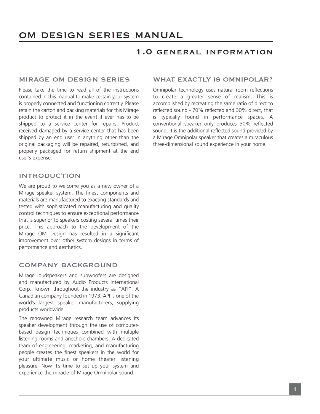 Mirage Loudspeakers OM DESIGN SERIES Mirage OM Design Series, What Exactly is OMNIPOLAR?, Introduction, Company Background 