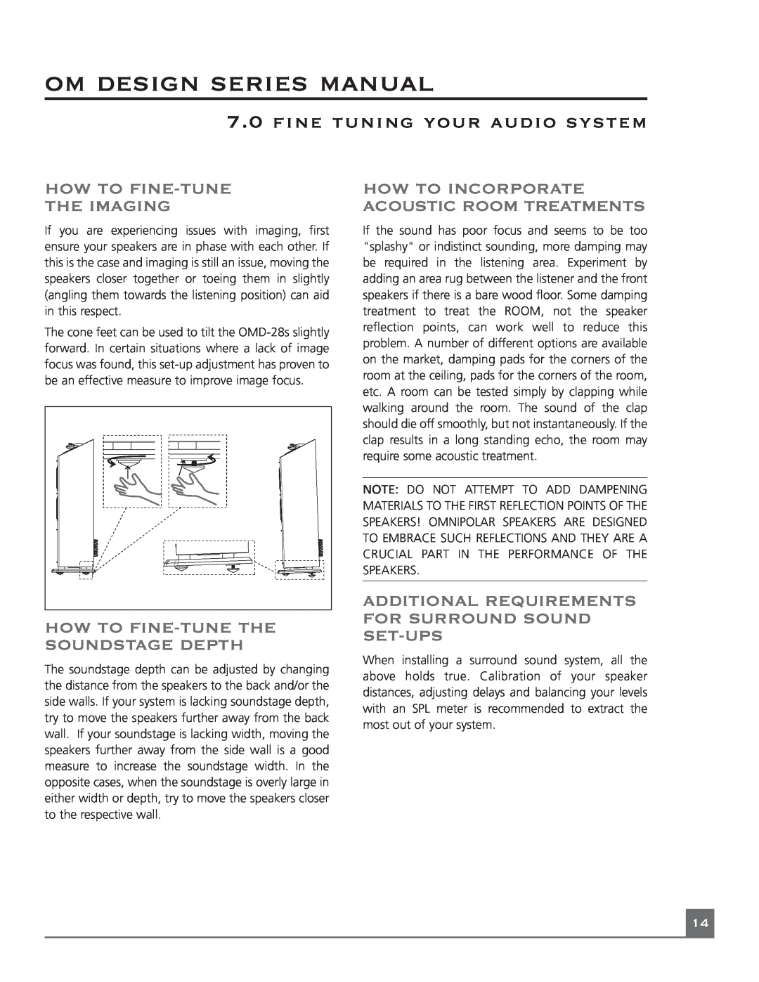 Mirage Loudspeakers OM DESIGN SERIES manual How To Fine-Tune The Imaging, How To Incorporate Acoustic Room Treatments 