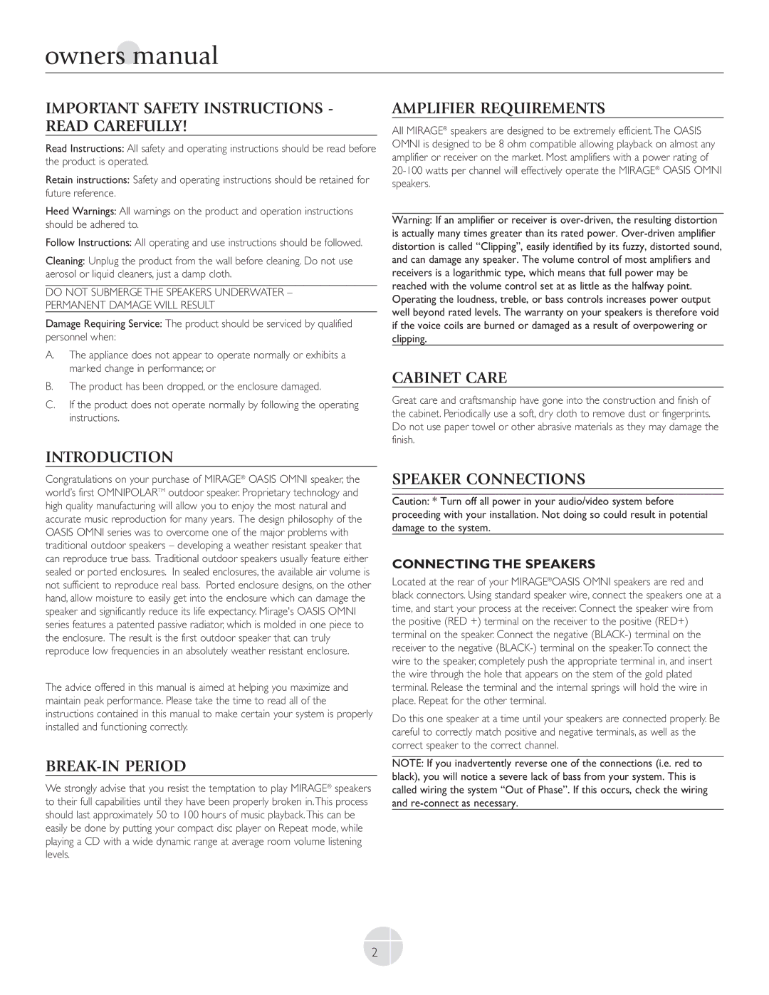 Mirage Loudspeakers OMNI 5 Important Safety Instructions Read Carefully, Introduction, BREAK-IN Period, Cabinet Care 