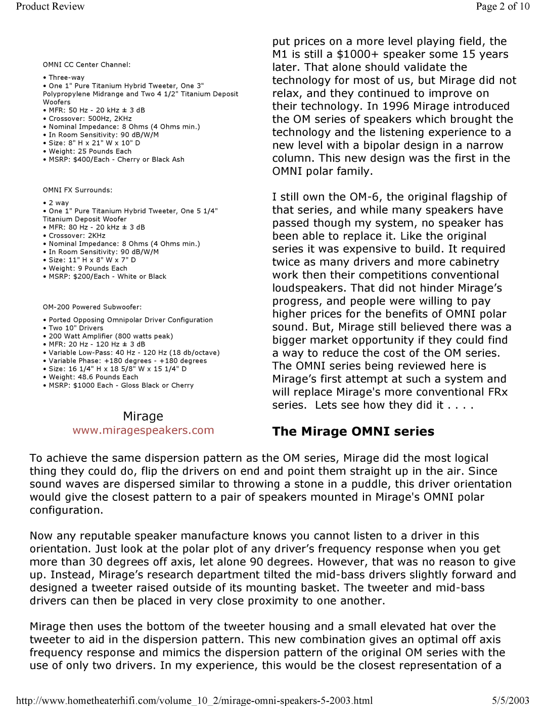 Mirage Loudspeakers OMNI 5.1 specifications Mirage Omni series 