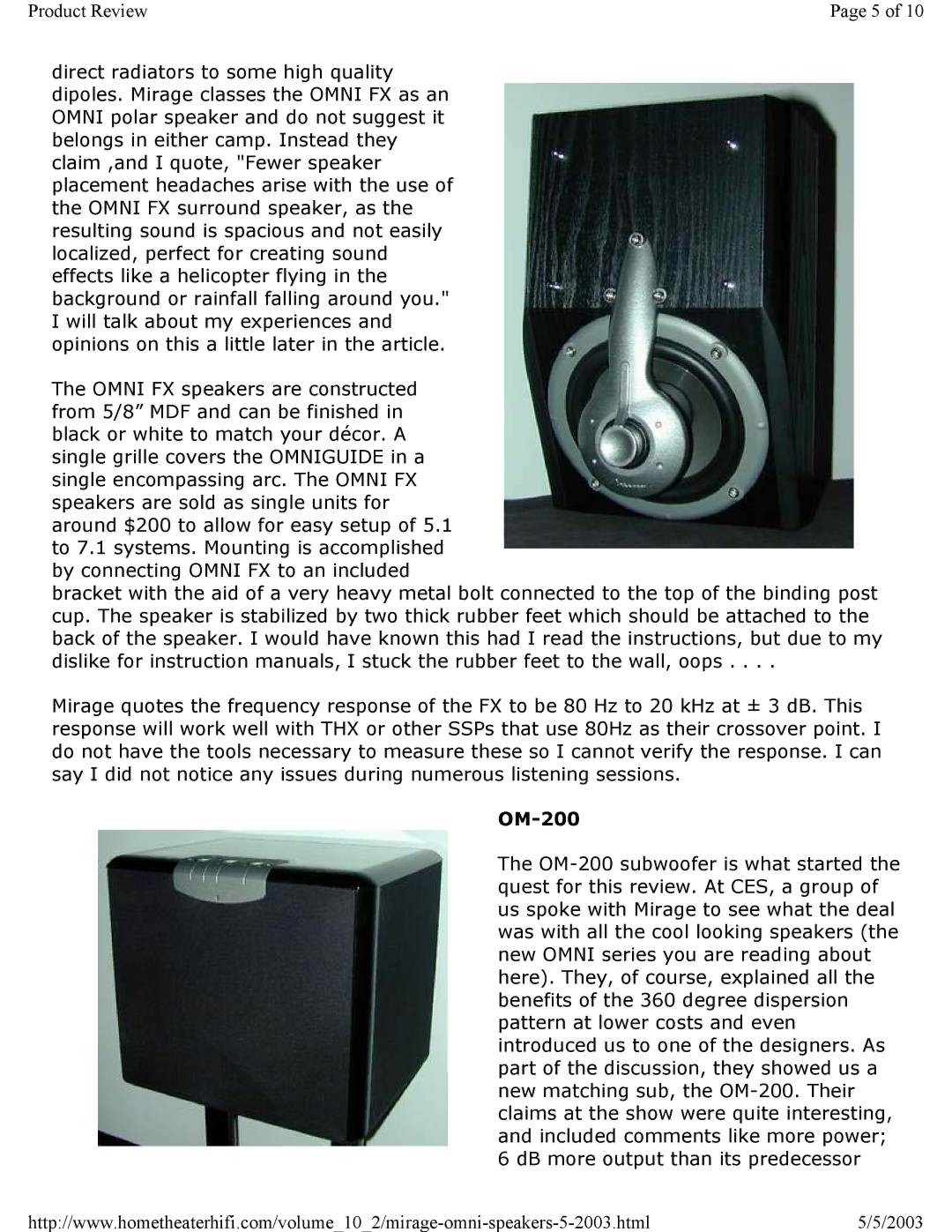Mirage Loudspeakers OMNI 5.1 specifications OM-200 