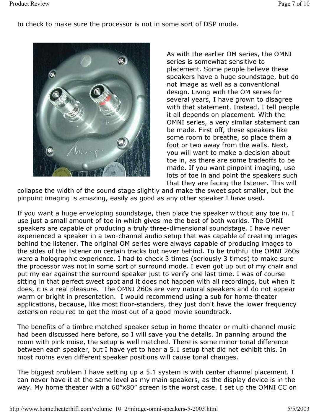 Mirage Loudspeakers OMNI 5.1 specifications Product Review 