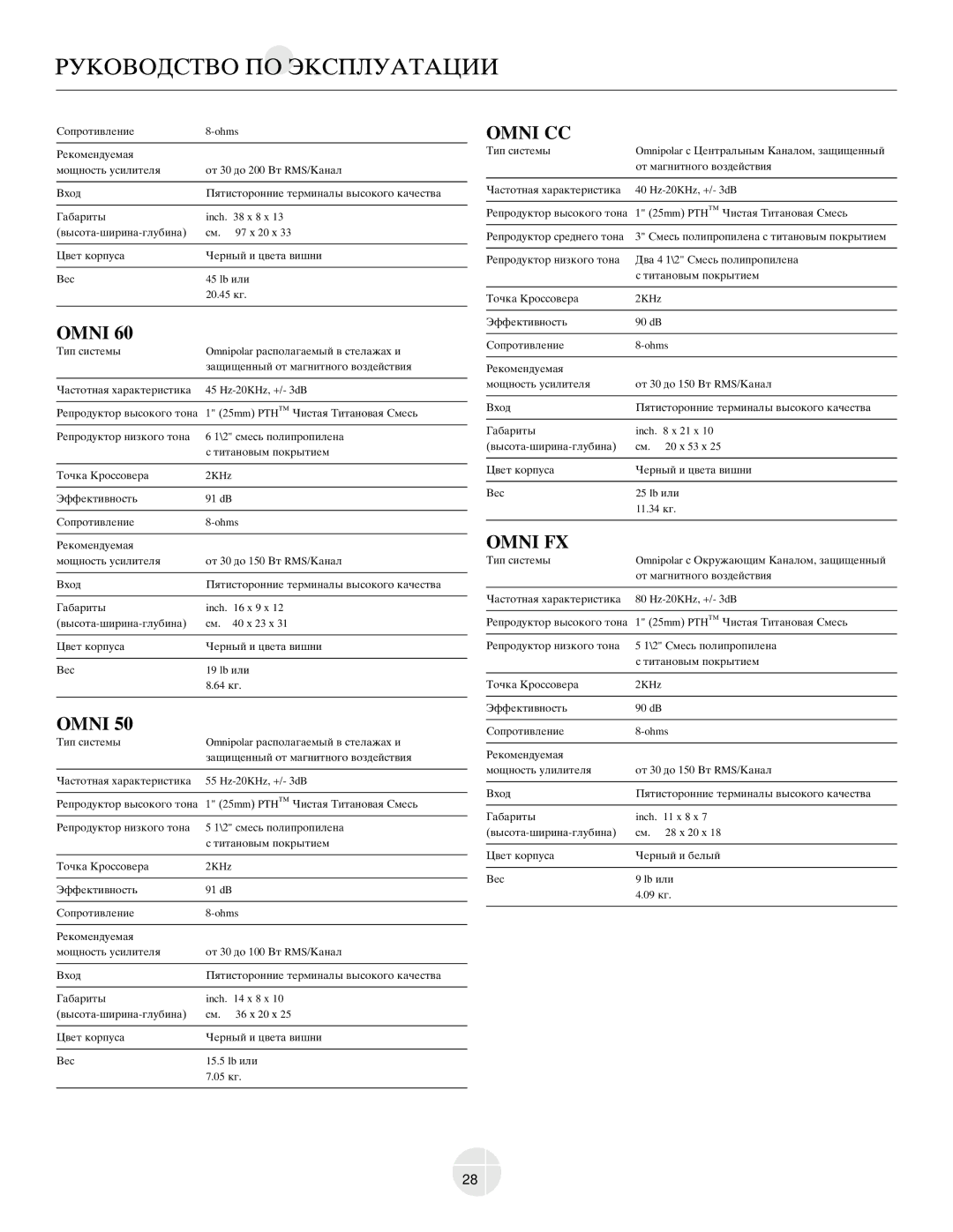 Mirage Loudspeakers OMNI 50, OMNI 60, OMNI CC owner manual Omni 