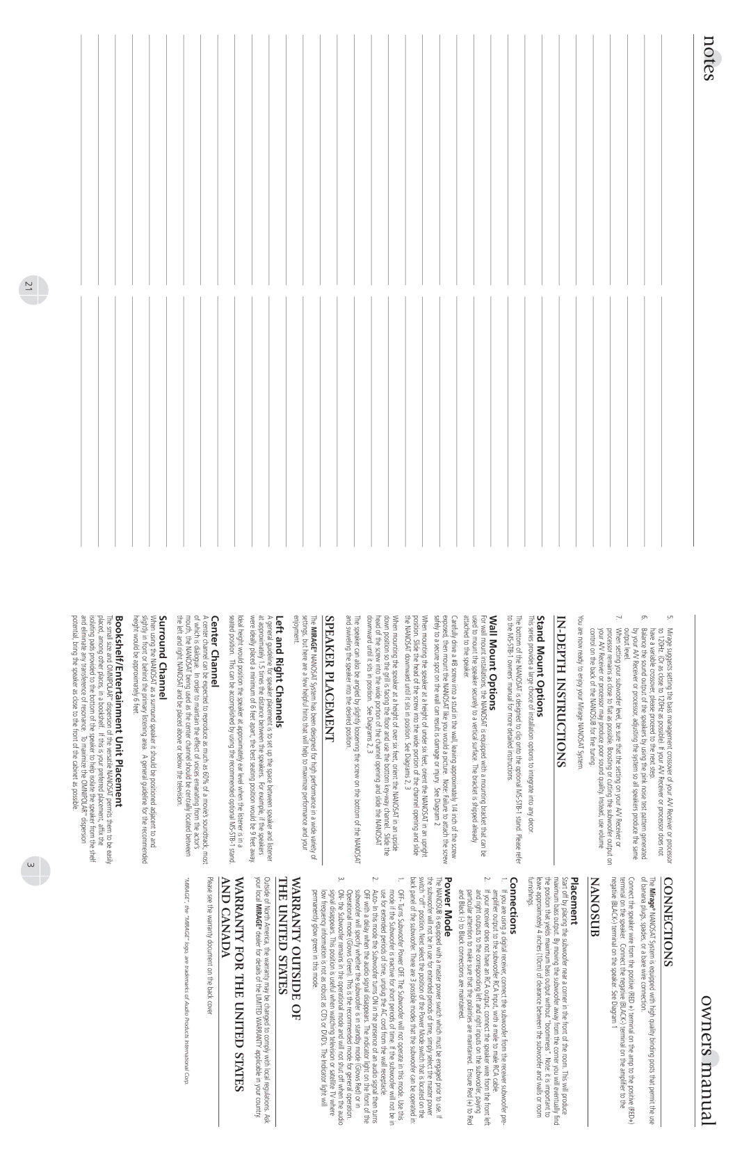 Mirage Loudspeakers Omni Series warranty IN-DEPTH Instructions, Speaker Placement, Connections, Nanosub 