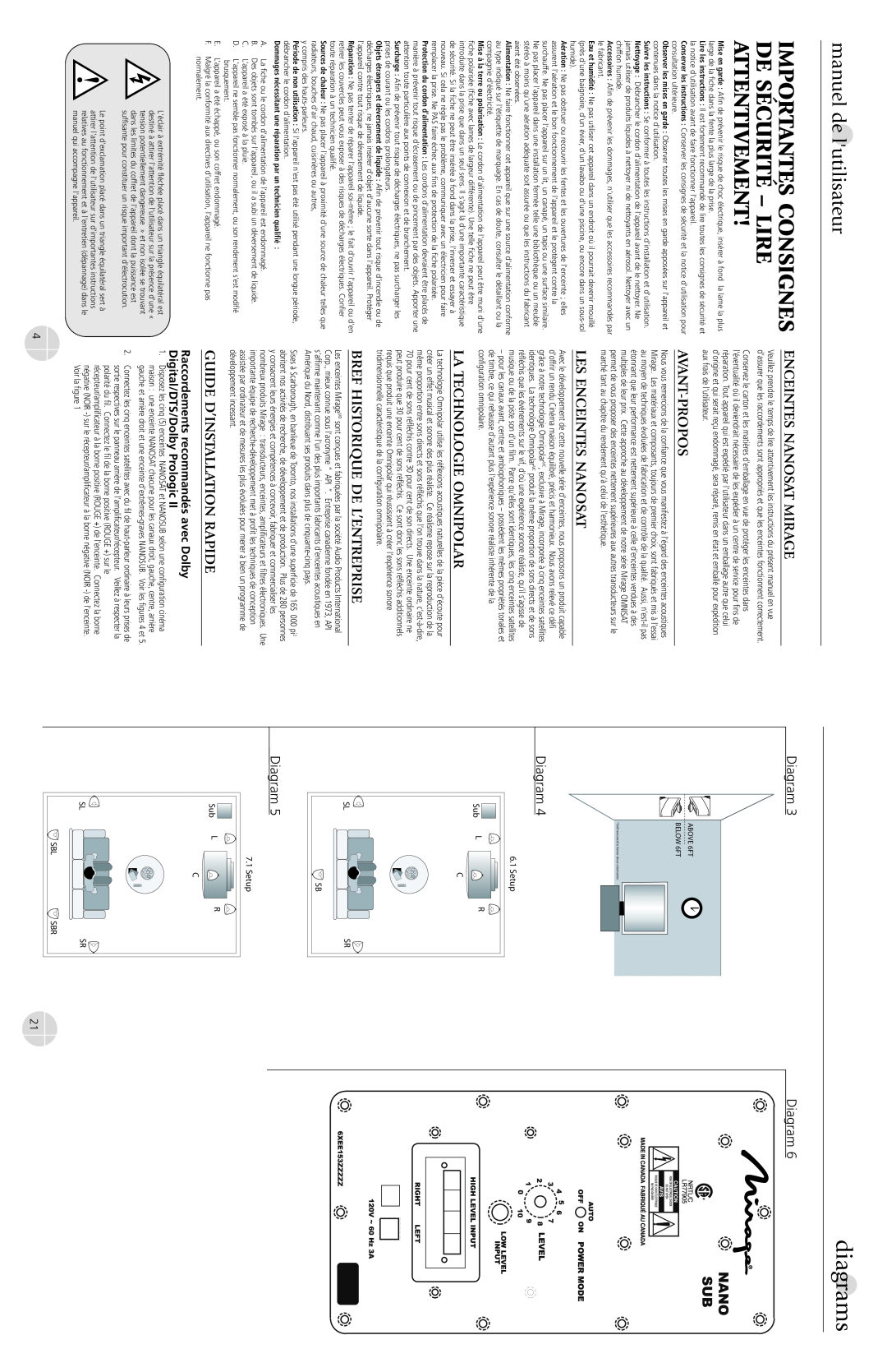 Mirage Loudspeakers Omni Series warranty diagrams, manuel de lutilisateur, Enceintes Nanosat Mirage, Avant-Propos, Diagram 