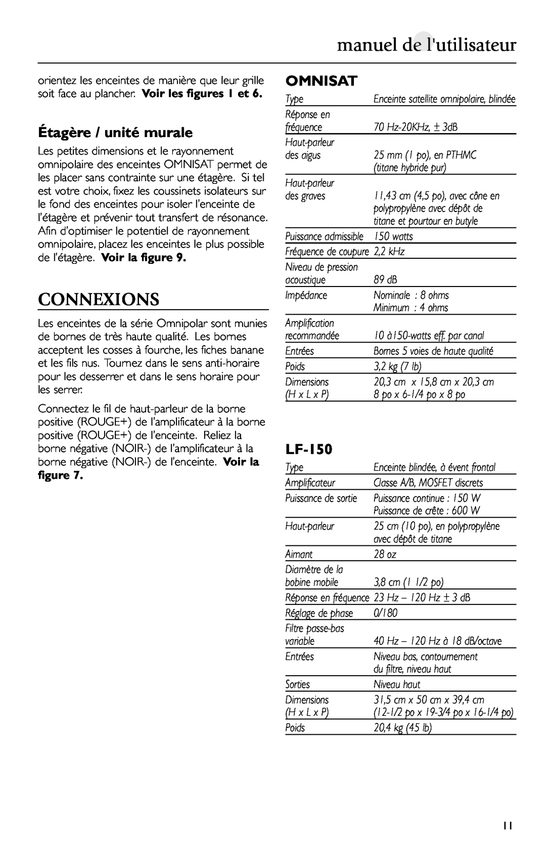 Mirage Loudspeakers Omnisat owner manual manuel de lutilisateur, Connexions, Étagère / unité murale, LF-150 