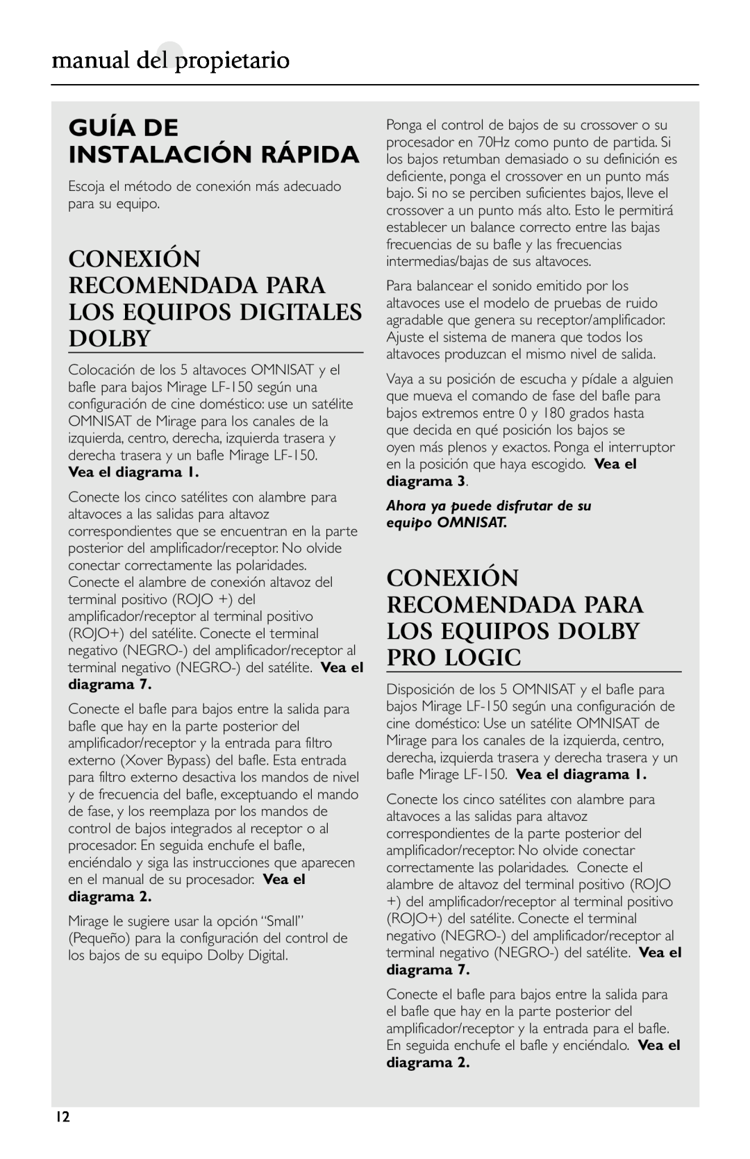 Mirage Loudspeakers Omnisat owner manual manual del propietario, Guía De Instalación Rápida 