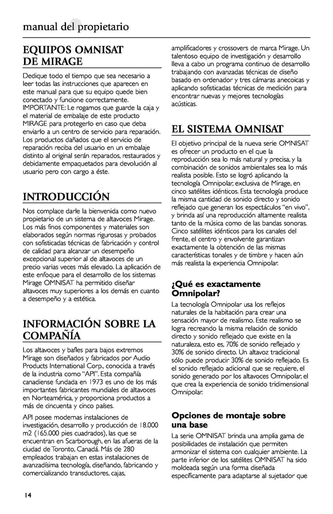 Mirage Loudspeakers manual del propietario, Equipos Omnisat De Mirage, Introducción, Información Sobre La Compañía 