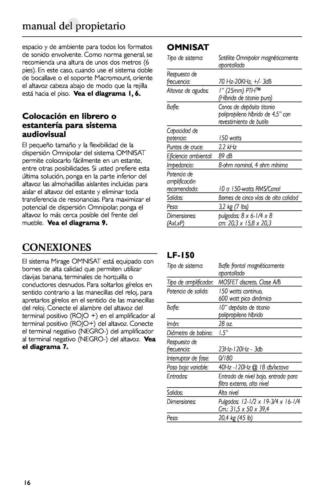 Mirage Loudspeakers Omnisat owner manual manual del propietario, Conexiones, LF-150 
