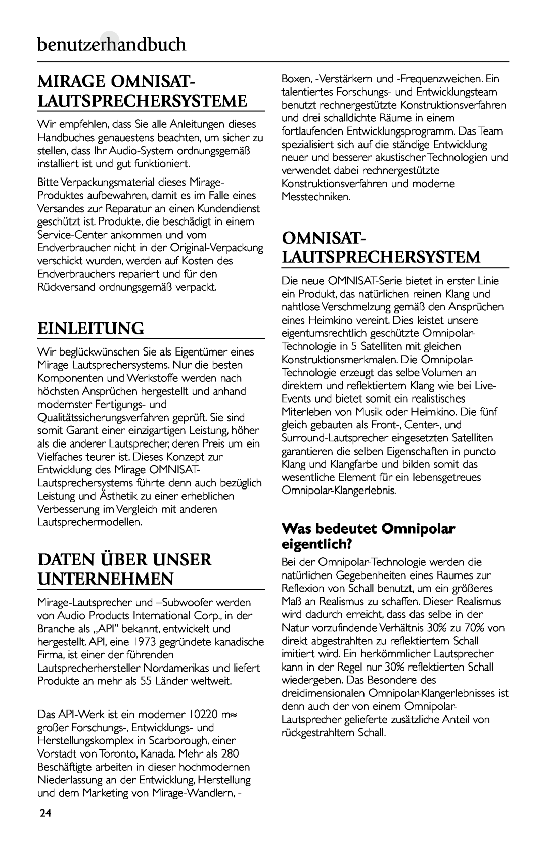 Mirage Loudspeakers owner manual benutzerhandbuch, Einleitung, Daten Über Unser Unternehmen, Omnisat- Lautsprechersystem 