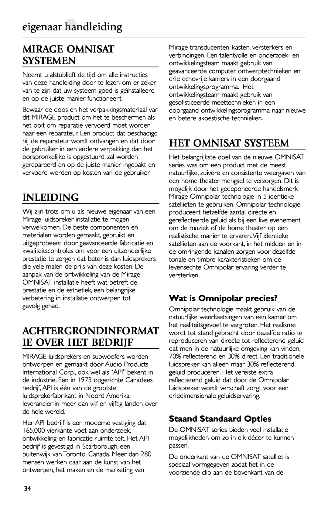 Mirage Loudspeakers owner manual eigenaar handleiding, Mirage Omnisat Systemen, Inleiding, Het Omnisat Systeem 