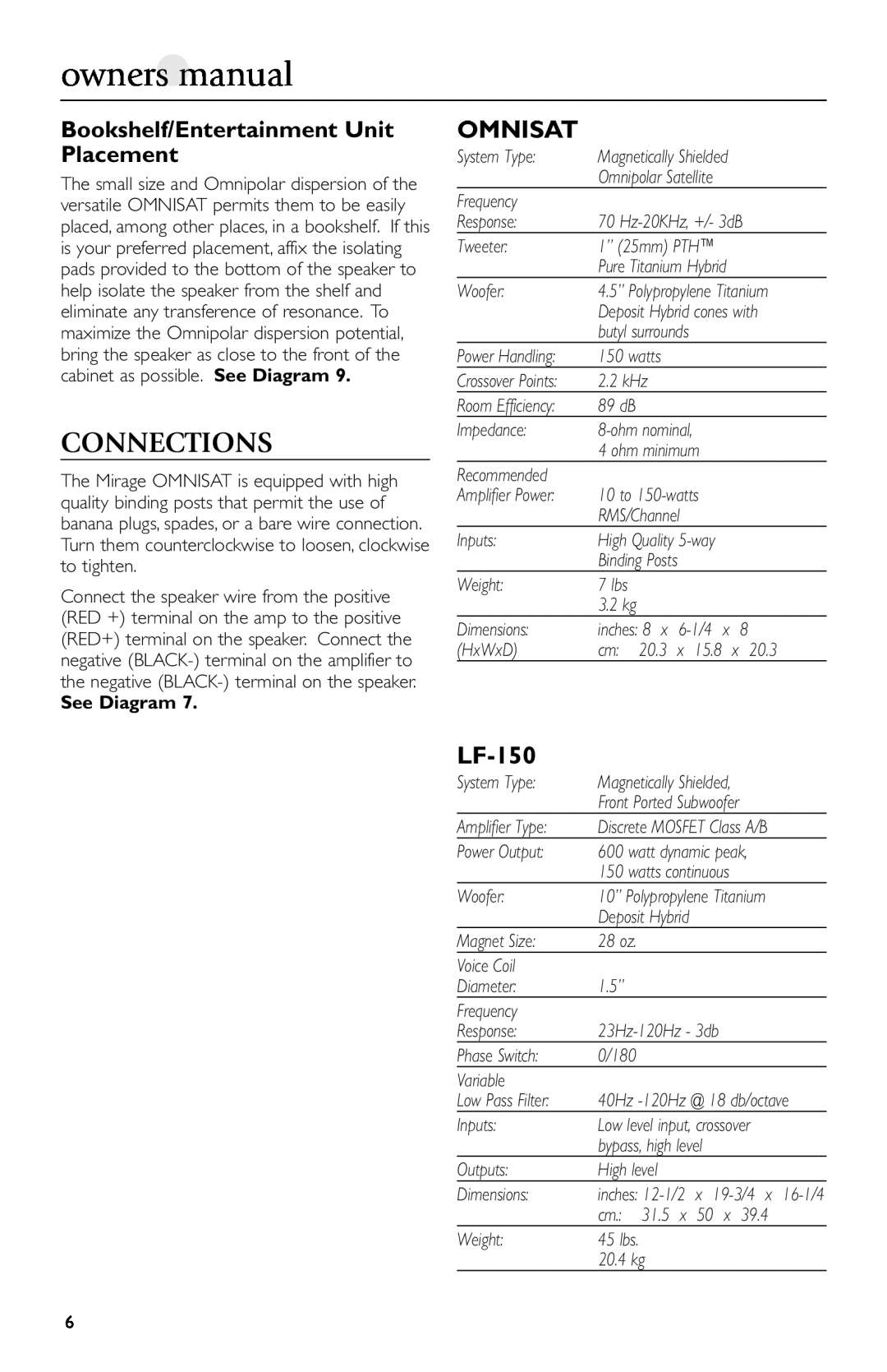 Mirage Loudspeakers Omnisat owner manual LF-150, Bookshelf/Entertainment Unit Placement, See Diagram 