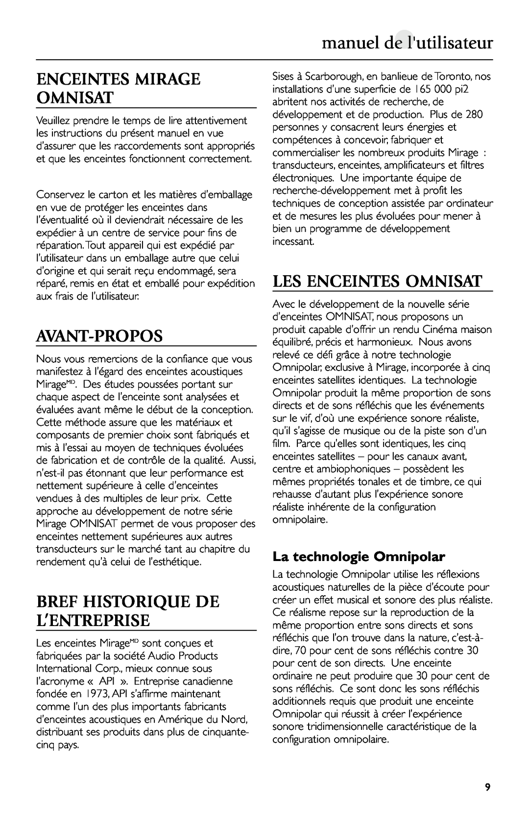 Mirage Loudspeakers manuel de lutilisateur, Enceintes Mirage Omnisat, Avant-Propos, Bref Historique De L’Entreprise 