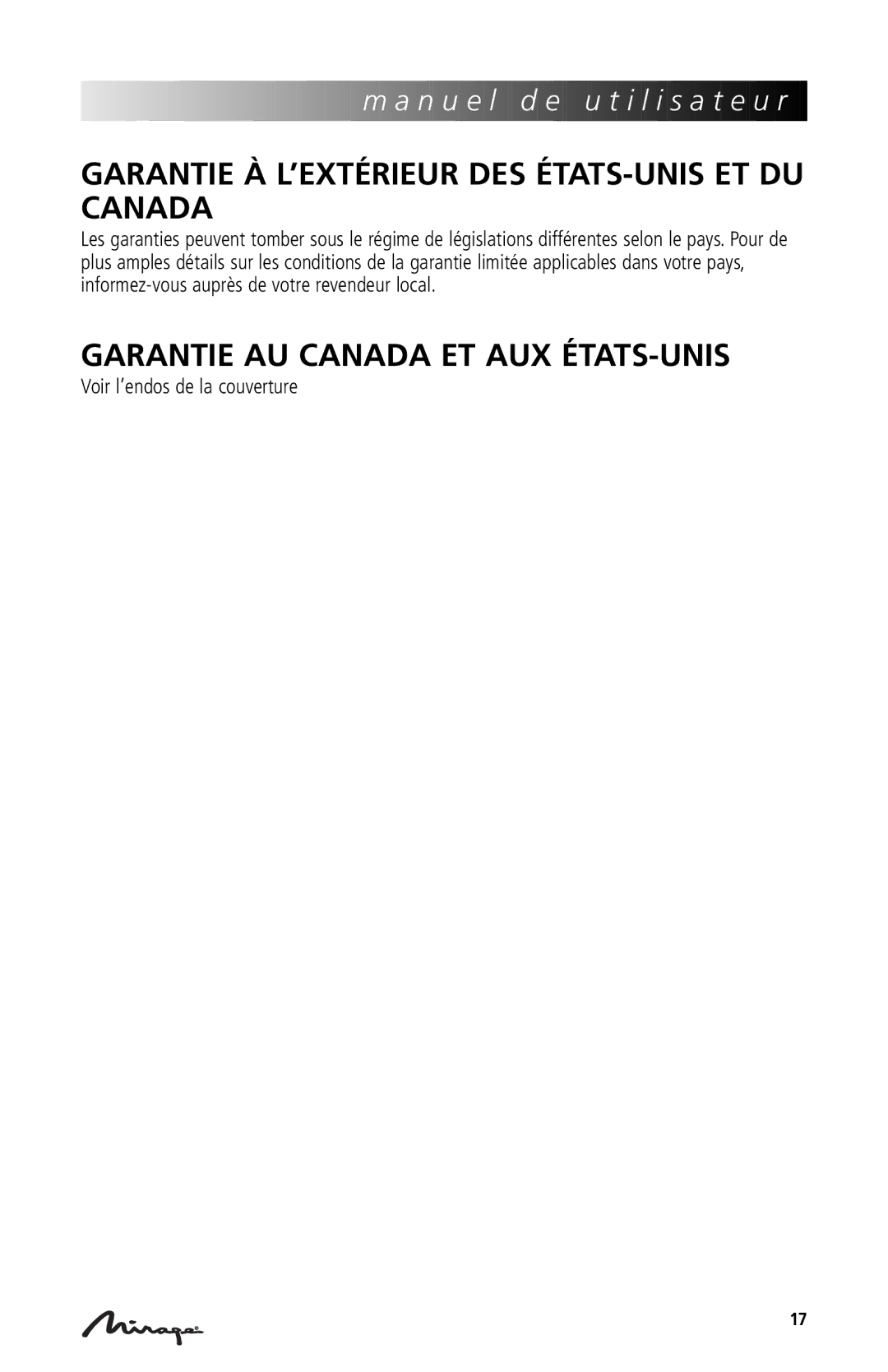 Mirage Loudspeakers OmniVibe Garantie À L’EXTÉRIEUR DES ÉTATS-UNIS ET DU Canada, Garantie AU Canada ET AUX ÉTATS-UNIS 