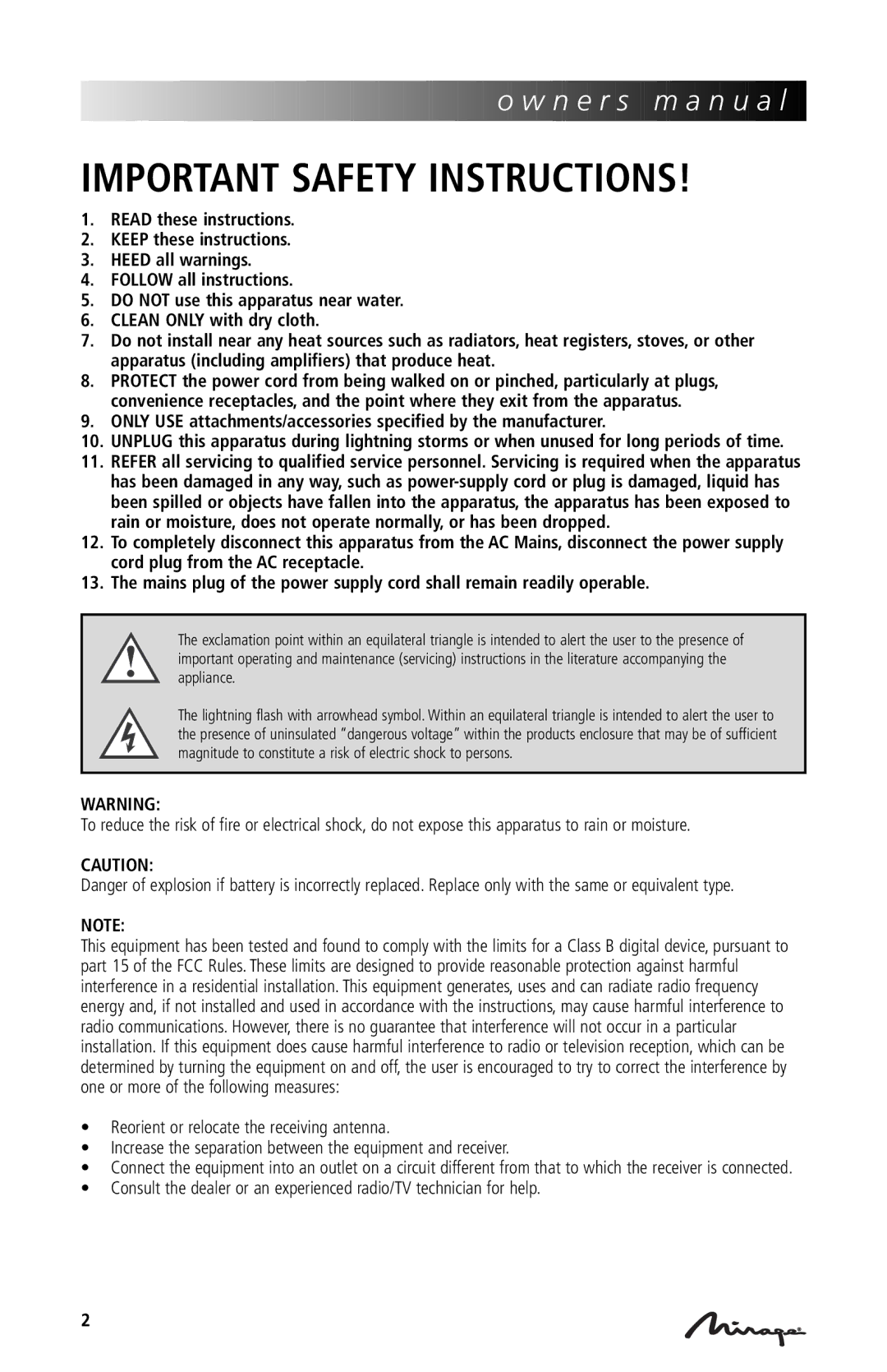 Mirage Loudspeakers OmniVibe manual Important Safety Instructions 