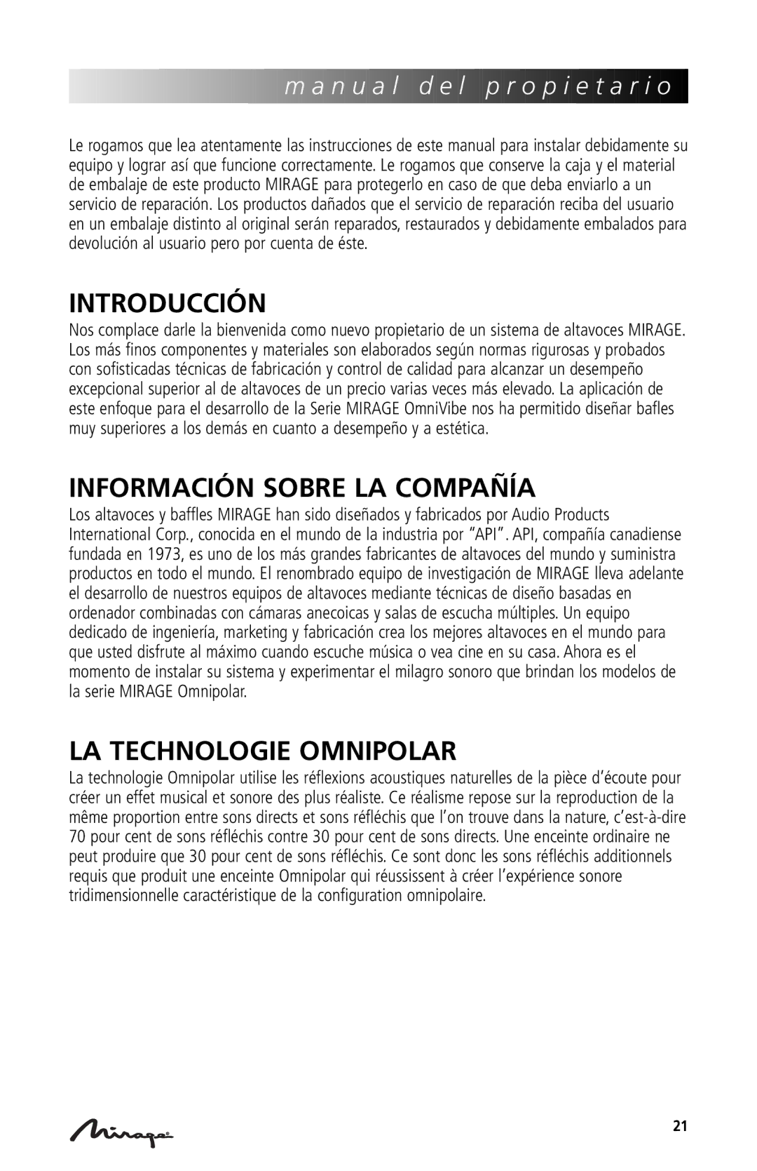 Mirage Loudspeakers OmniVibe manual Introducción, Información Sobre LA Compañía 