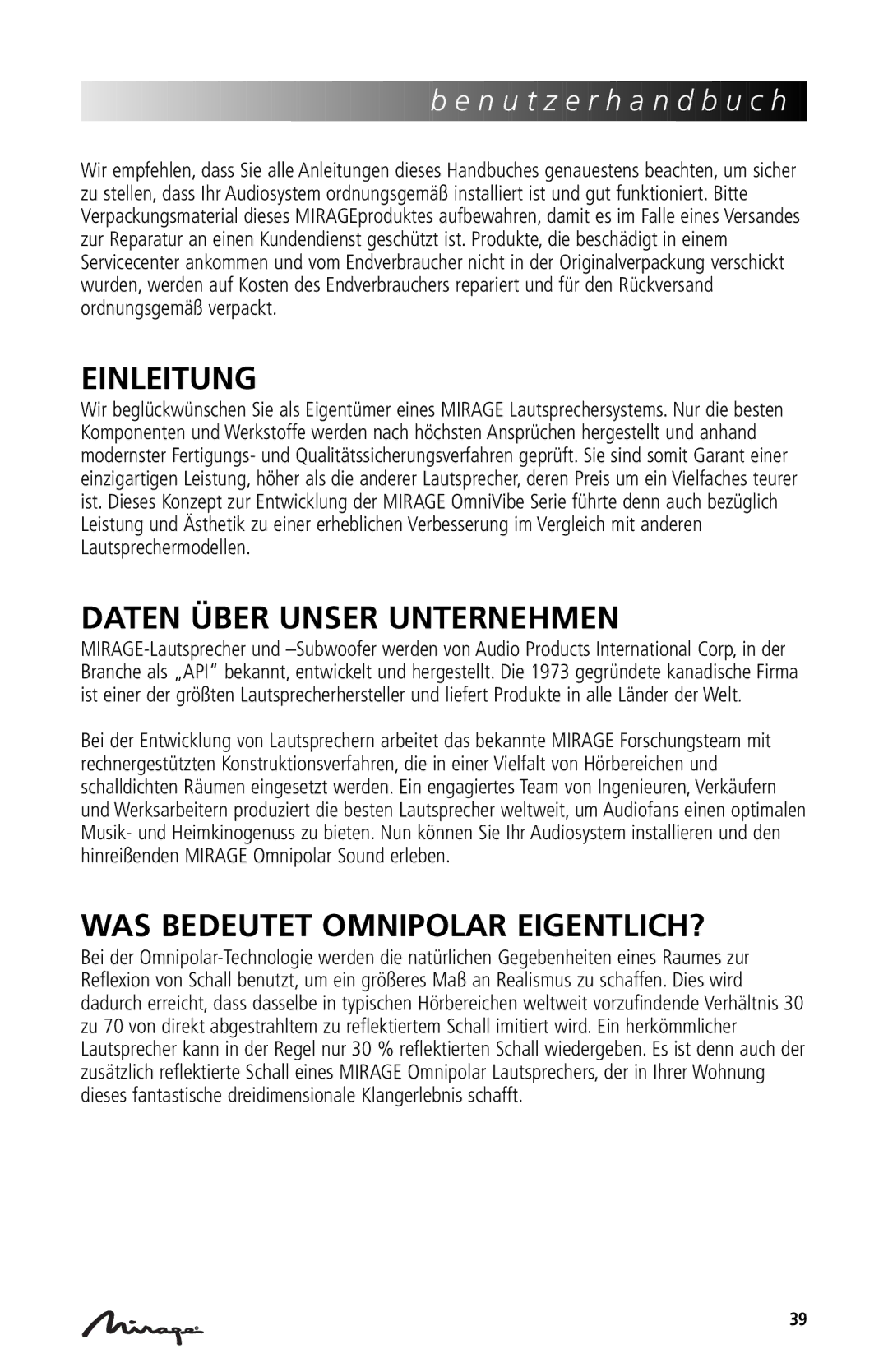 Mirage Loudspeakers OmniVibe manual Einleitung, Daten Über Unser Unternehmen, WAS Bedeutet Omnipolar EIGENTLICH? 