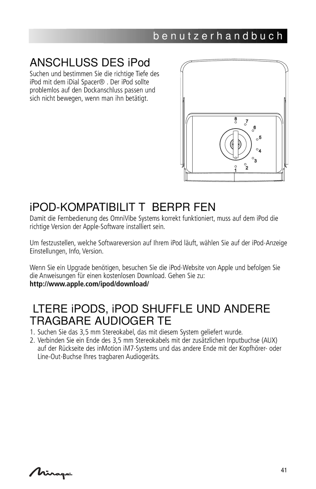 Mirage Loudspeakers OmniVibe manual Anschluss DES iPod, IPOD-KOMPATIBILITÄT Überprüfen 