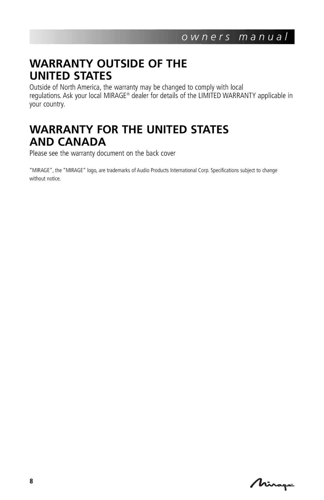 Mirage Loudspeakers OmniVibe manual Warranty Outside United States, Warranty for the United States and Canada 