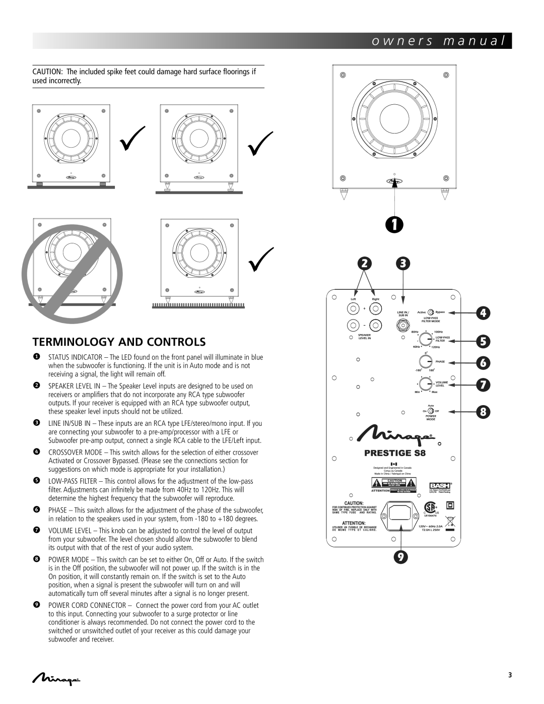 Mirage Loudspeakers Prestige S8, Prestige S10 owner manual Terminology and Controls 