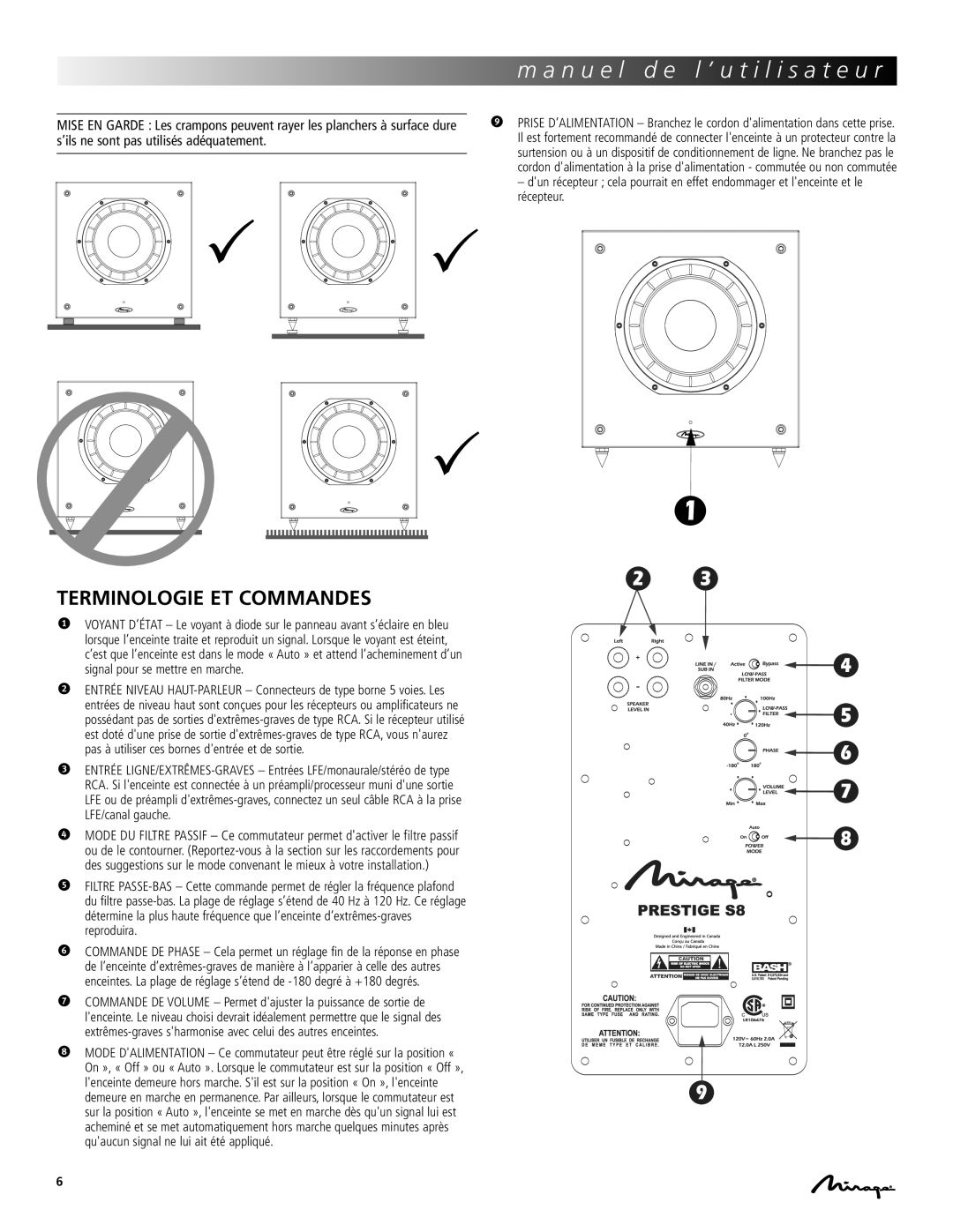 Mirage Loudspeakers Prestige S10, Prestige S8 owner manual Terminologie ET Commandes 