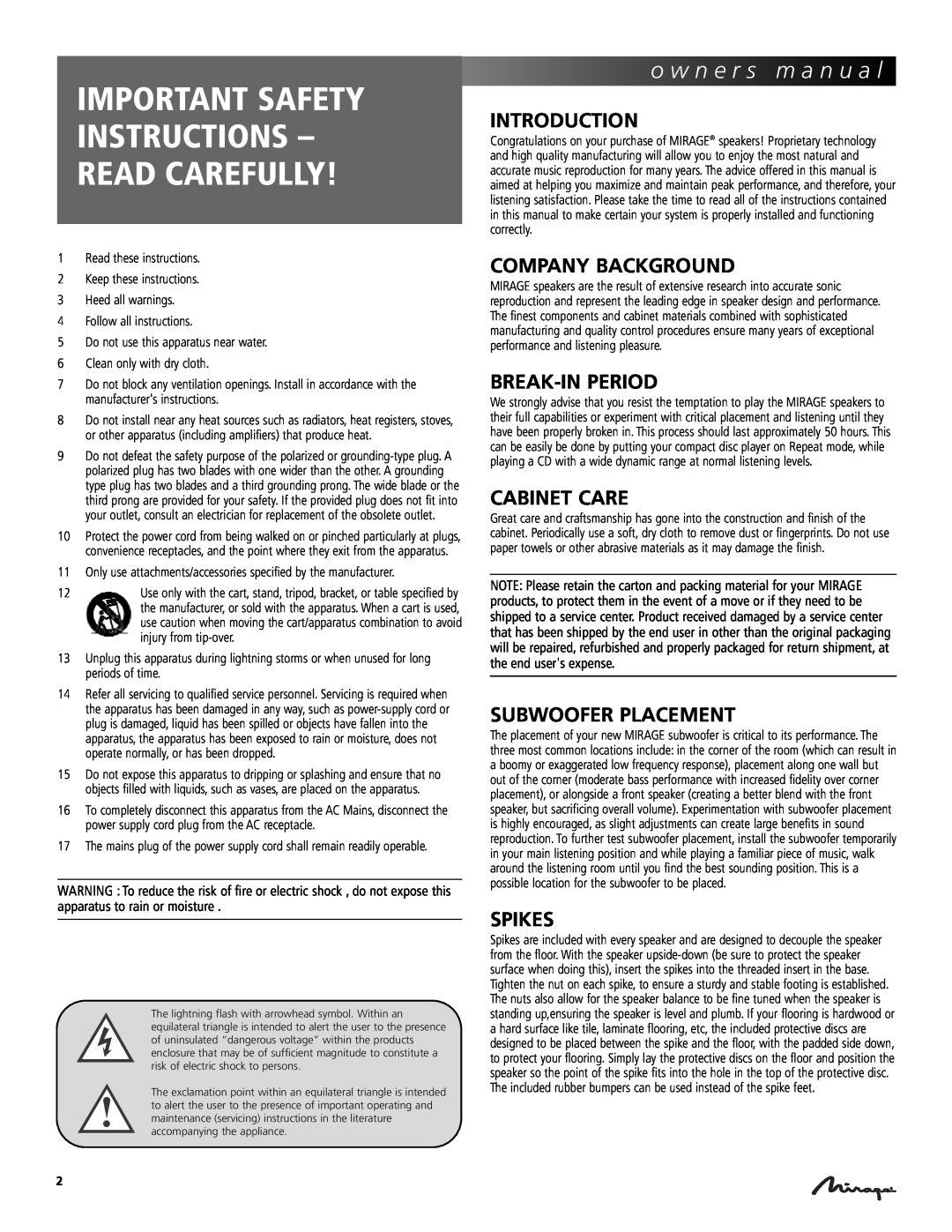 Mirage Loudspeakers Prestige S10 Important Safety Instructions - Read Carefully, o w n e r s m a n u a l, Introduction 