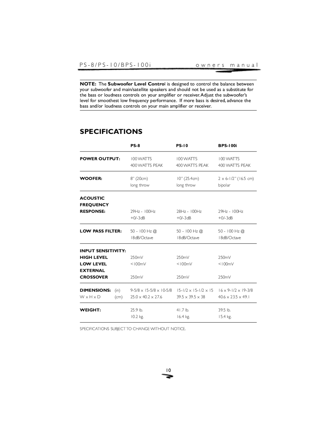 Mirage Loudspeakers PS-8 owner manual Specifications, External Crossover 