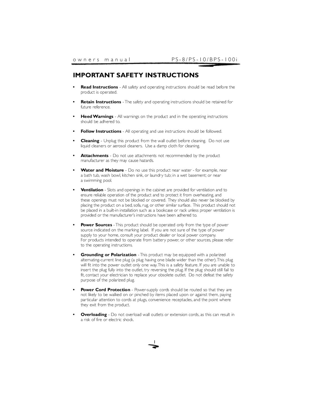 Mirage Loudspeakers PS-8 owner manual Important Safety Instructions, Swimming pool 