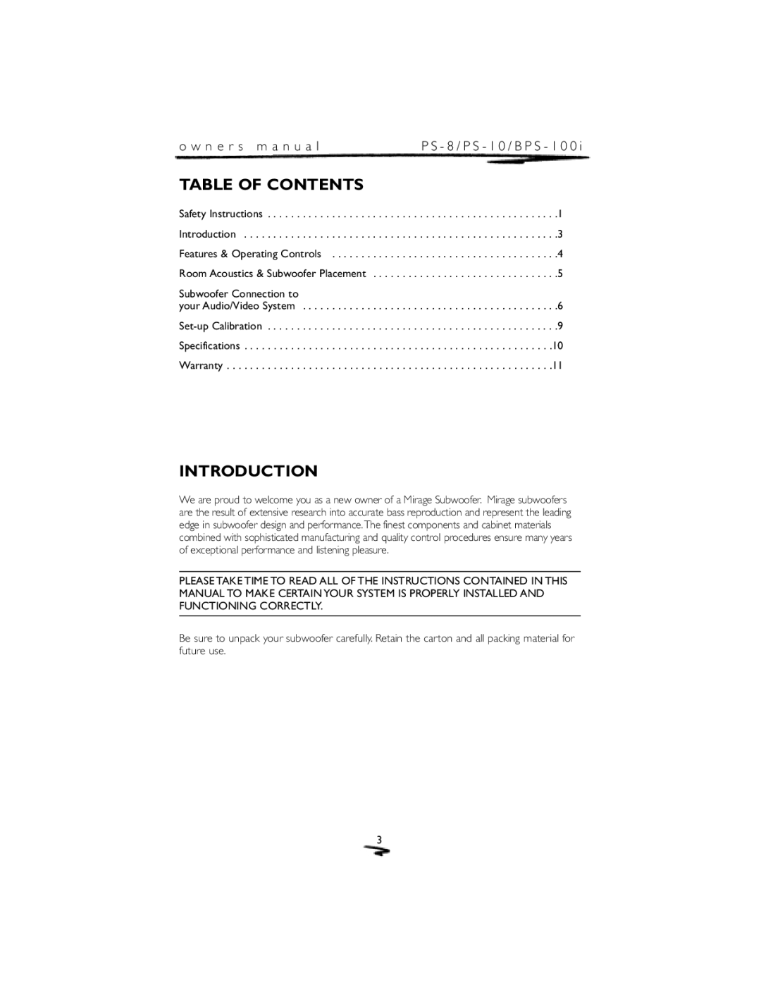 Mirage Loudspeakers PS-8 owner manual Table of Contents, Introduction 