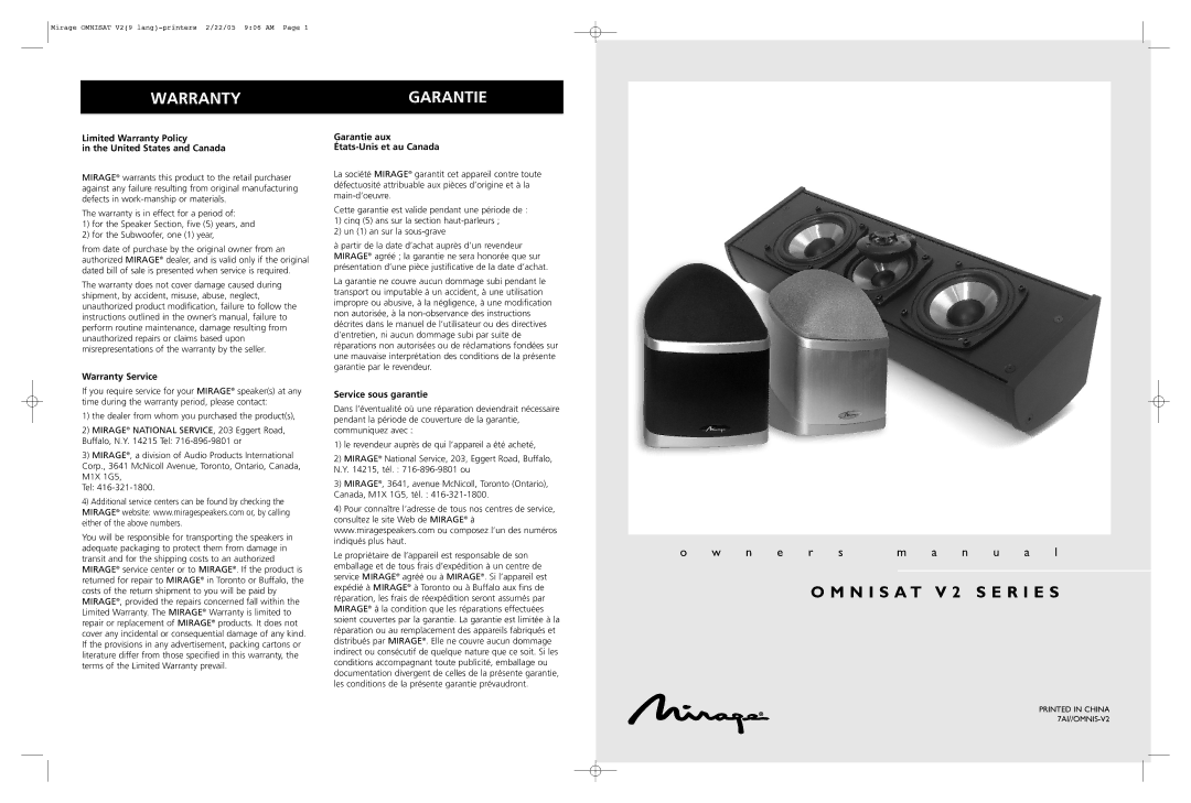 Mirage Loudspeakers V2 warranty Warranty 