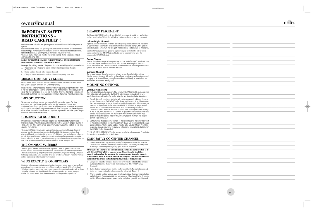 Mirage Loudspeakers V2 warranty Important Safety Instructions Read Carefully 