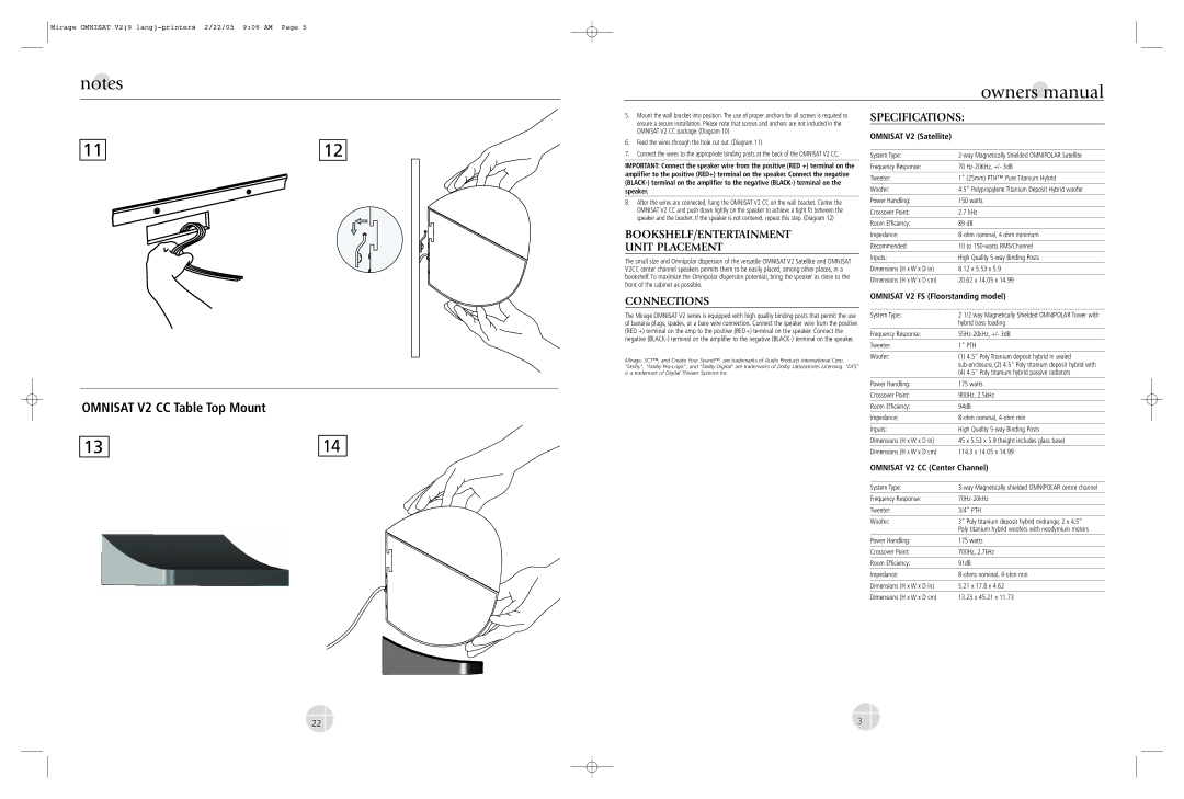 Mirage Loudspeakers BOOKSHELF/ENTERTAINMENT Unit Placement, Specifications, Connections, Omnisat V2 CC Center Channel 