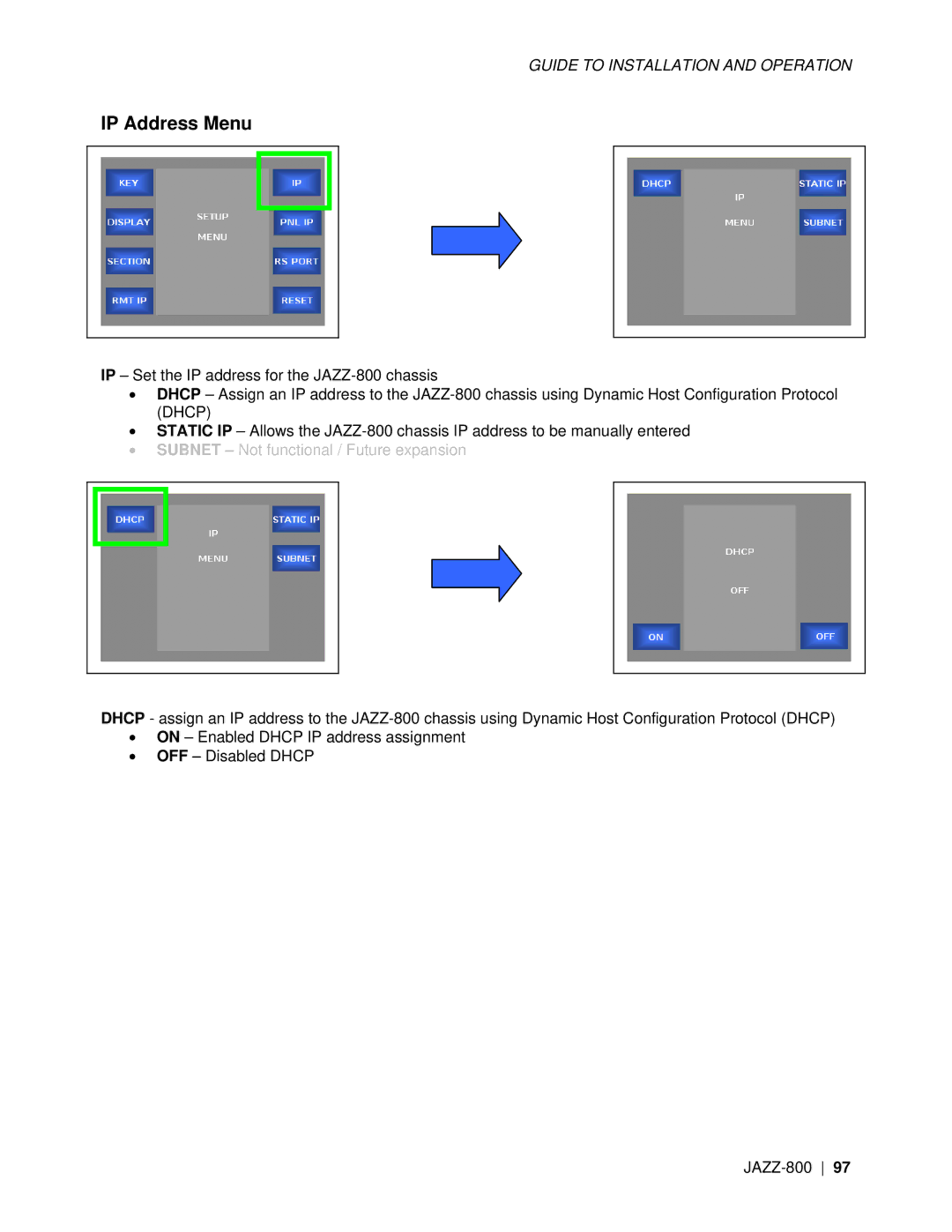 Miranda Camera Co JAZZ-800 manual IP Address Menu, Subnet Not functional / Future expansion 