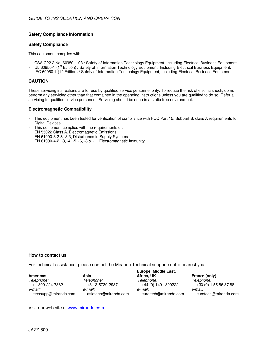 Miranda Camera Co JAZZ-800 manual Safety Compliance Information, Electromagnetic Compatibility, How to contact us 